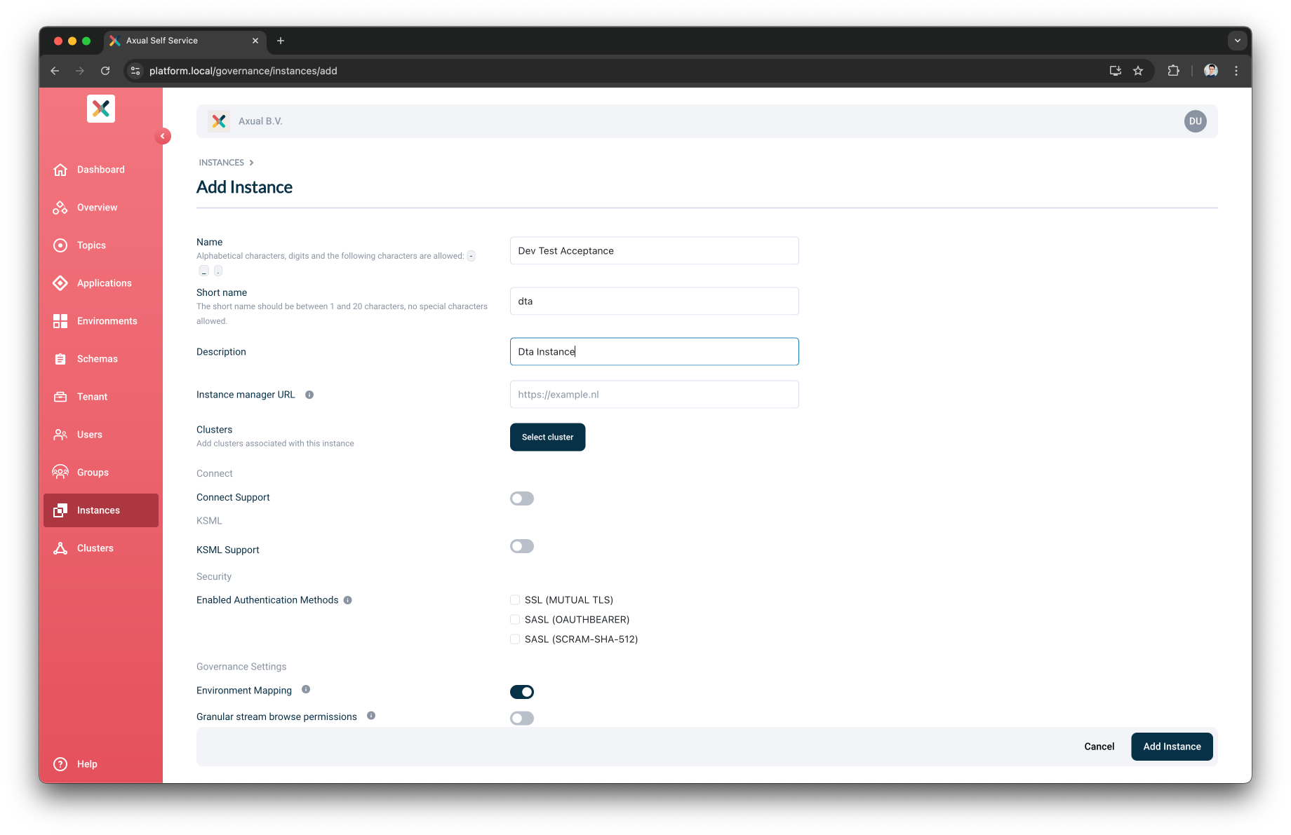 Self-Service Add Instance Details page