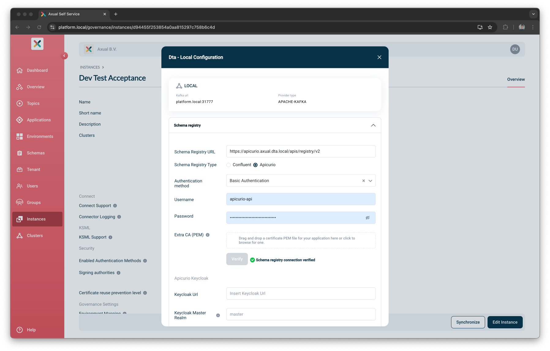 Self-Service Add Apicurio Schema Registry Details page