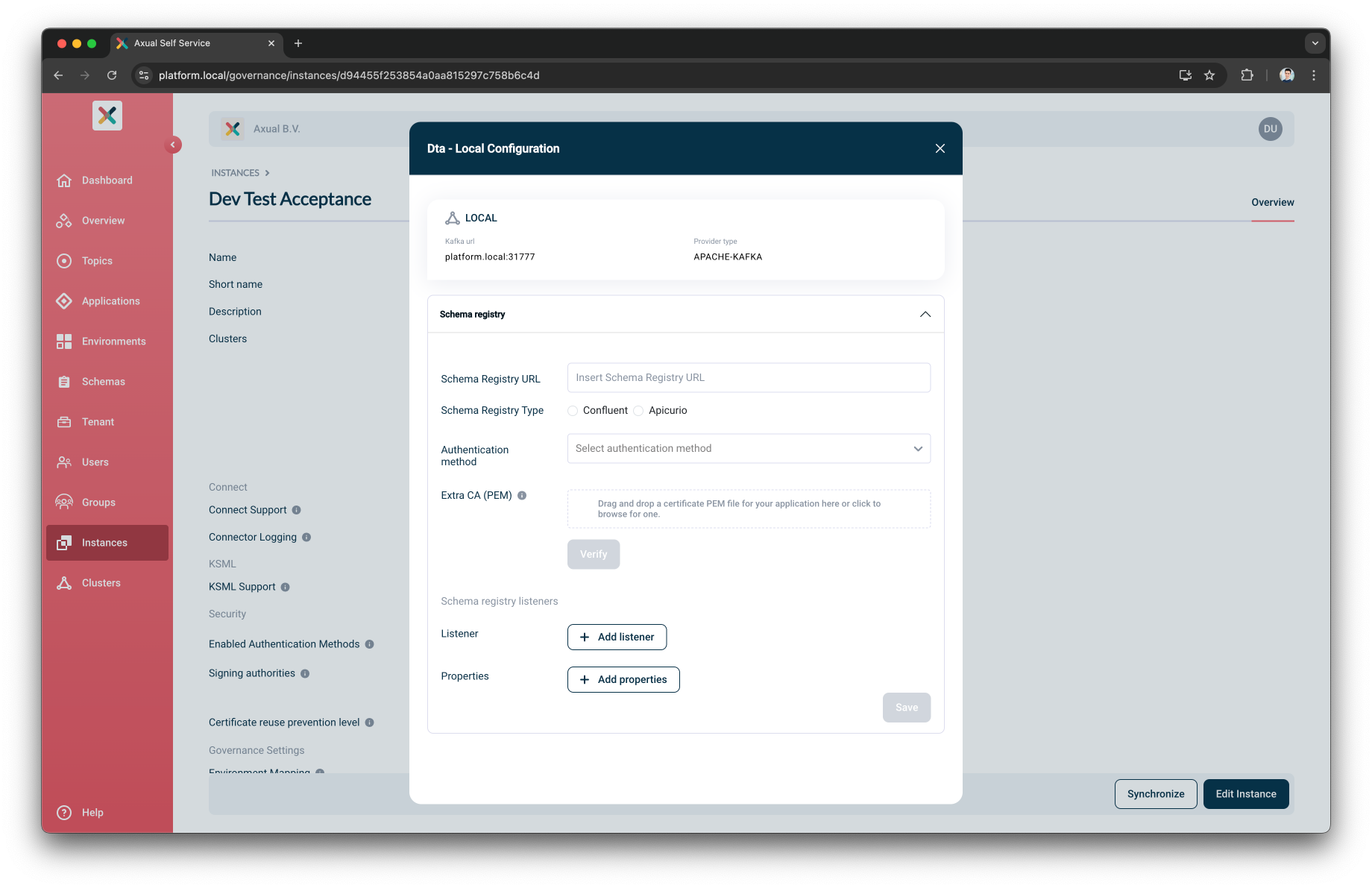 Self-Service Add Apicurio Schema Registry Details page