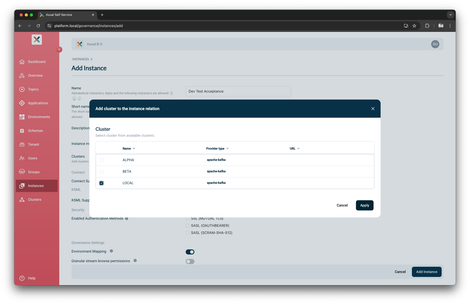 Self-Service Select Cluster page