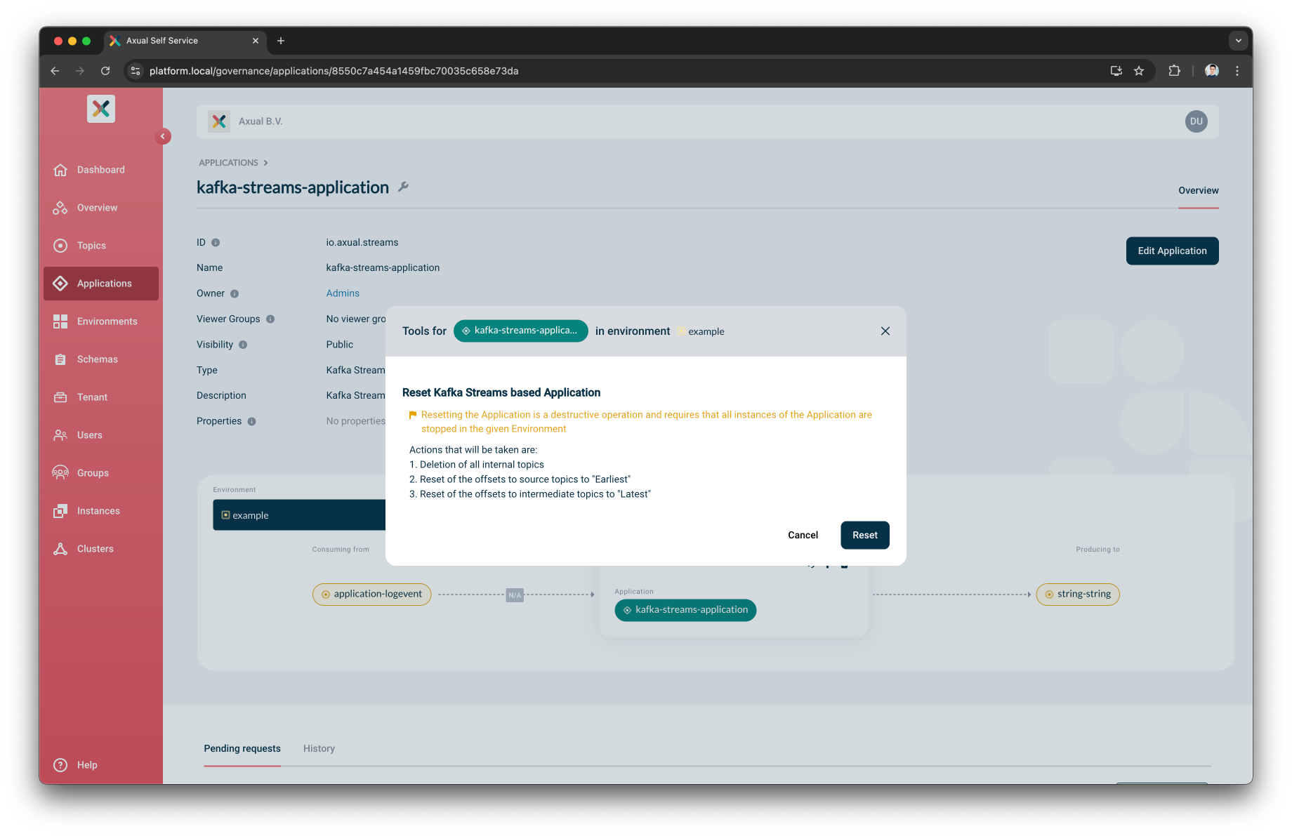 Reset Kafka Streams based modal