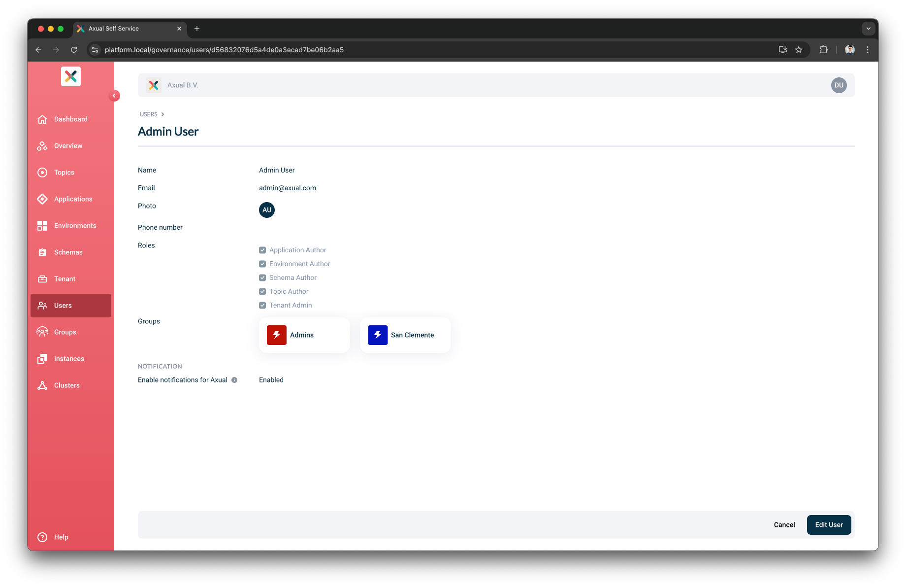 User detail page
