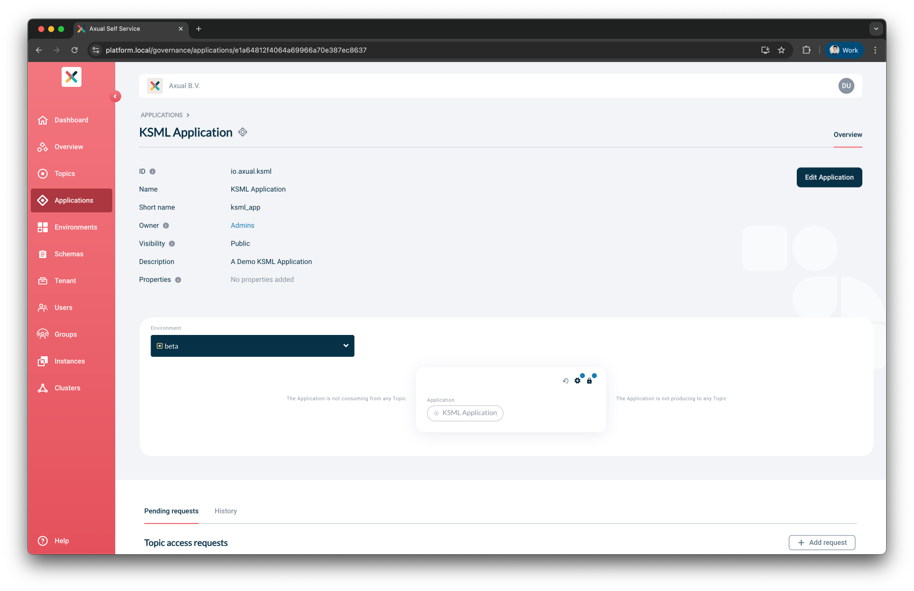 Axual "Self-Service" UI, "Application" page, showing an example ksml application