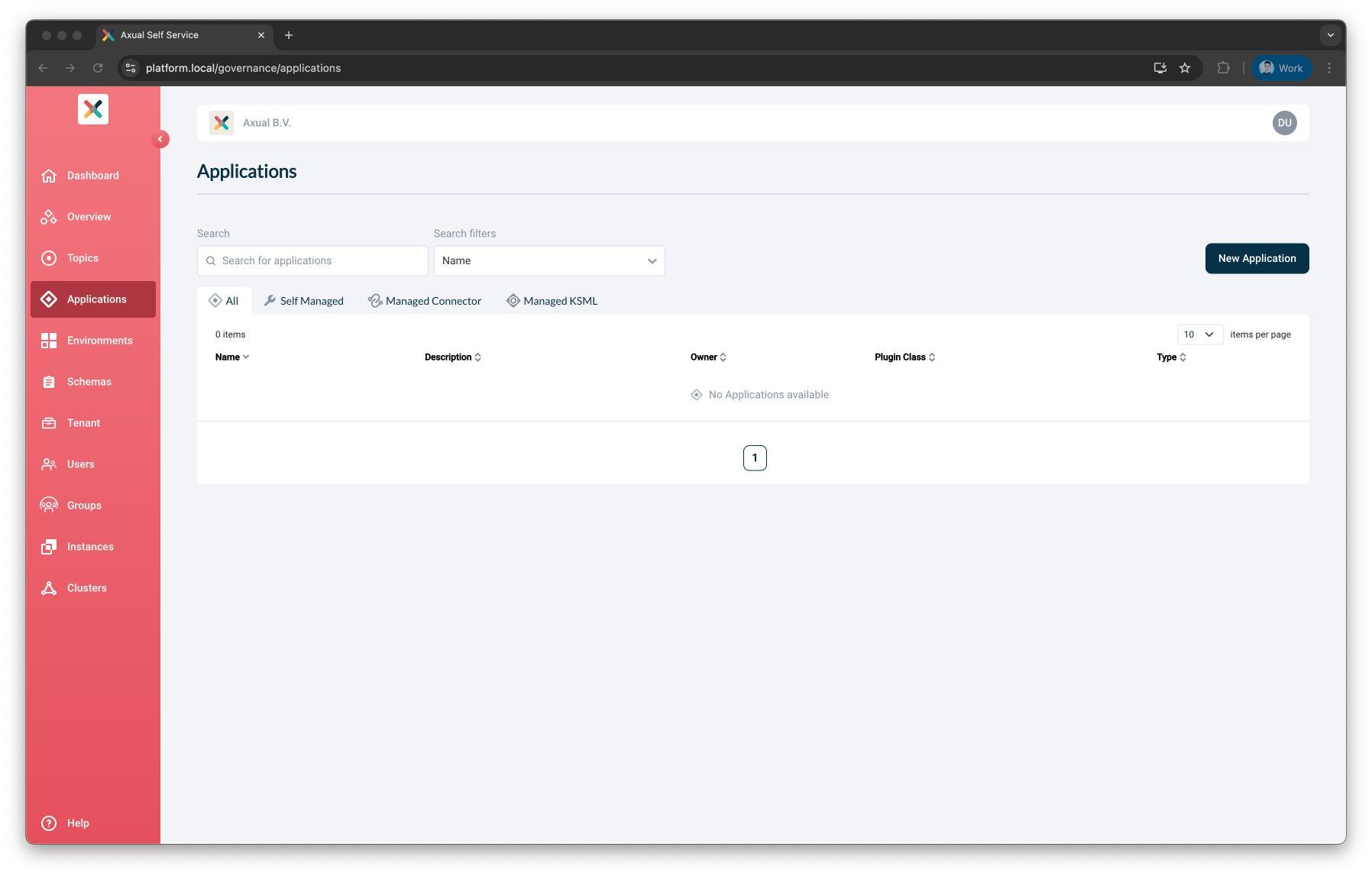 Axual "Self-Service" UI, "Applications" page