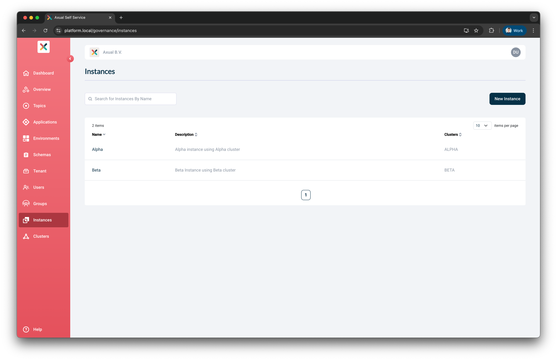Axual Self-Service UI, showing the Instances Page