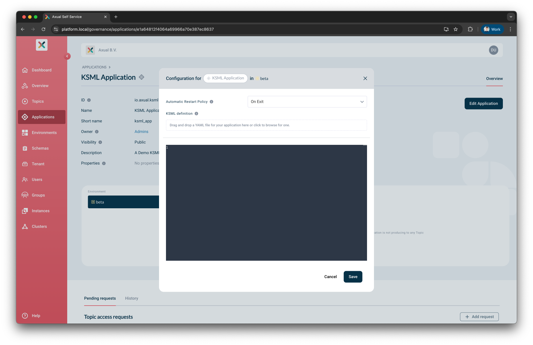 Axual "Self-Service" UI, "Application" page showing the KSML-definition pop-up modal of an unconfigured ksml-application