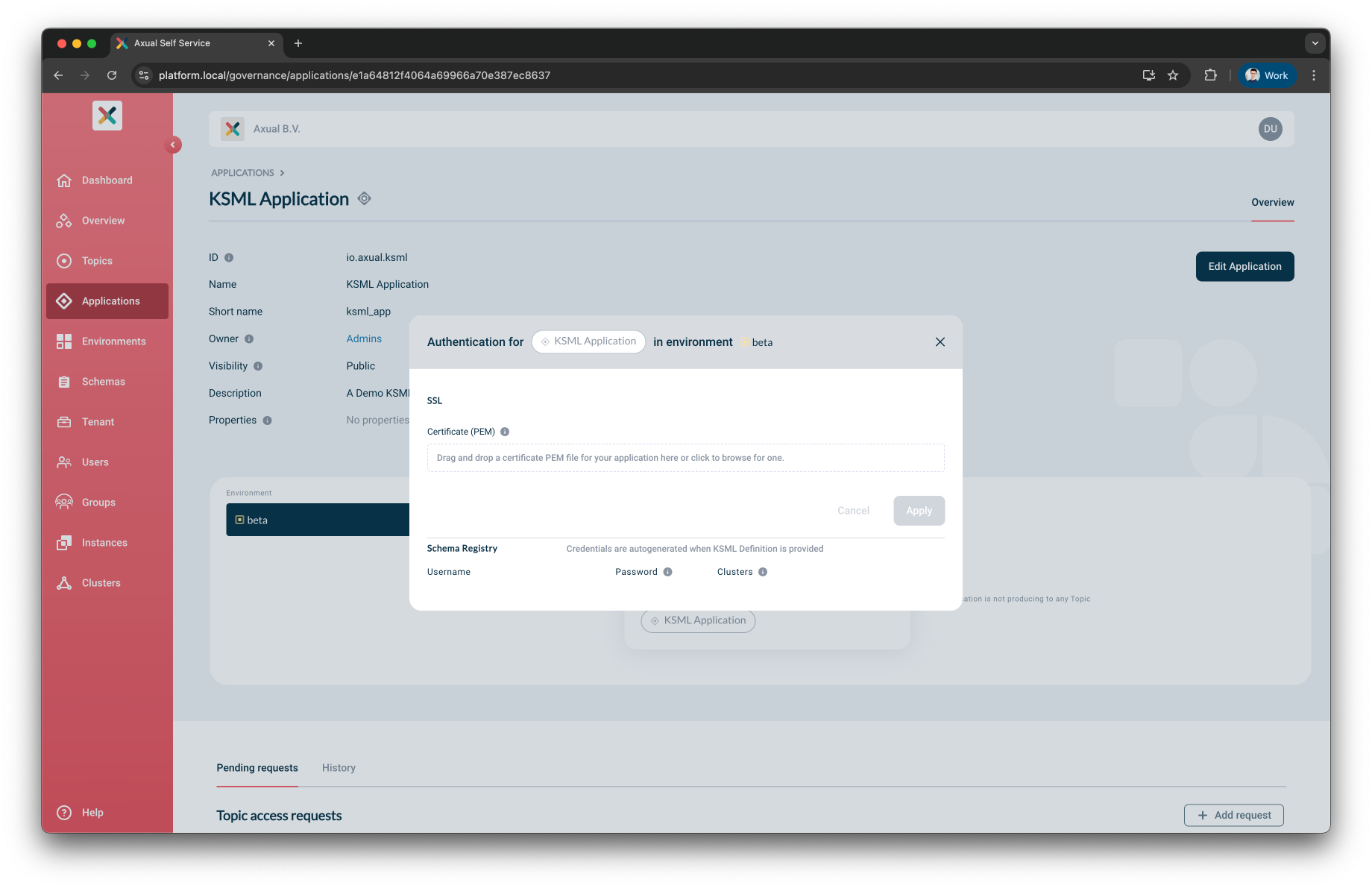 Axual "Self-Service" UI "Application" page showing the security-configuration pop-up modal of an unconfigured ksml-application