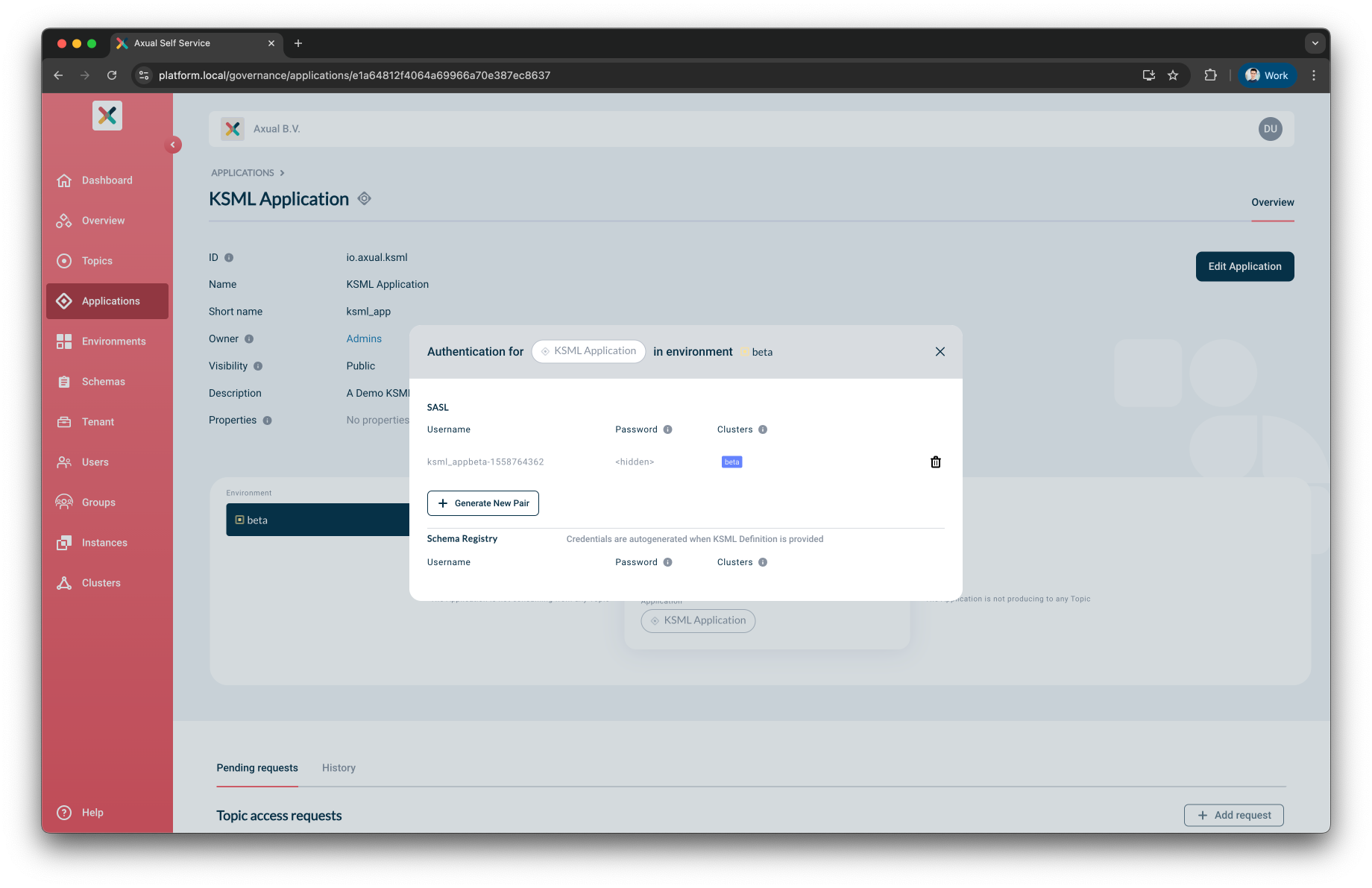 Axual "Self-Service" UI, "Application" page showing the security-configuration pop-up modal of an unconfigured ksml-application