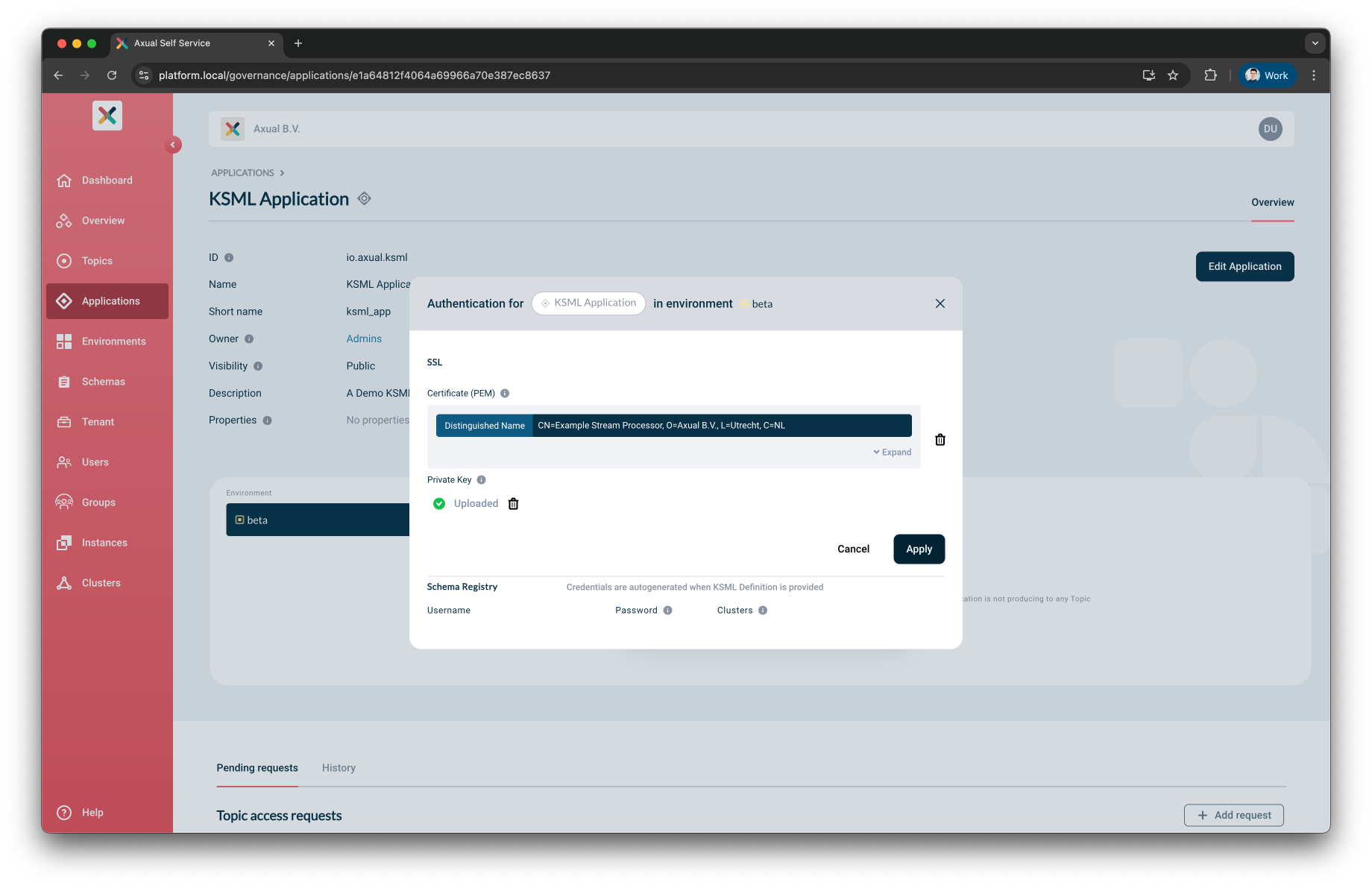 Axual "Self-Service" UI, "Application" page showing the security-configuration pop-up modal with correct configuration for a KSML Application
