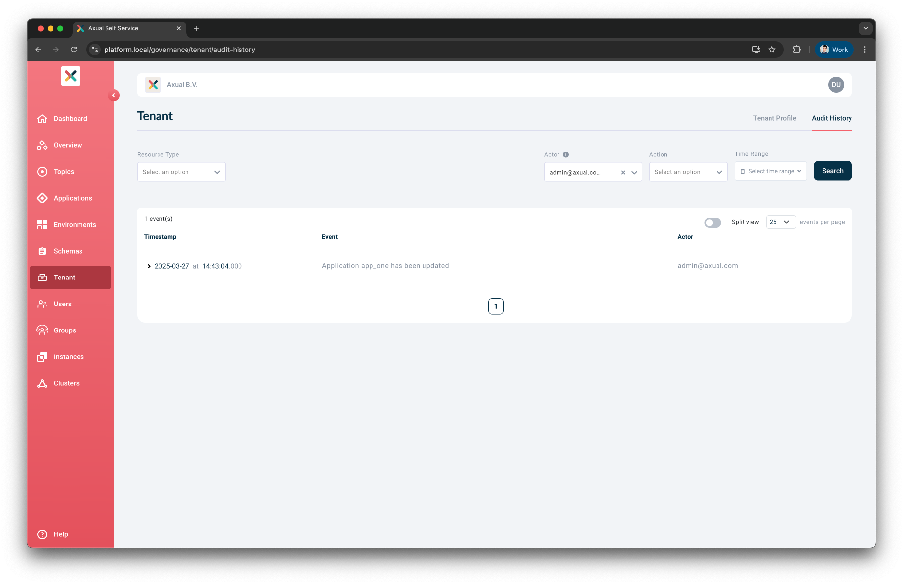 Audit History tab filtered by Actor Name