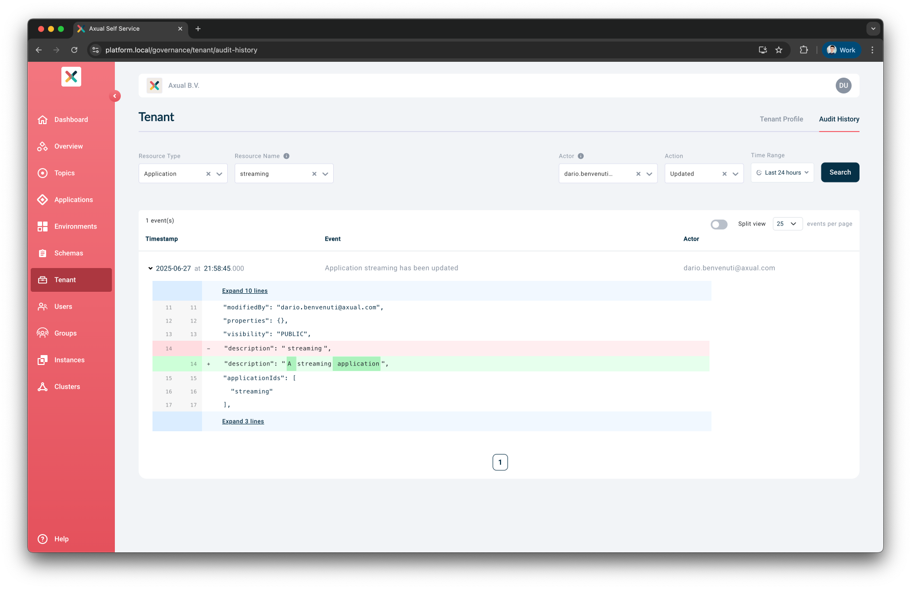 Audit History tab filtered by multiple criteria