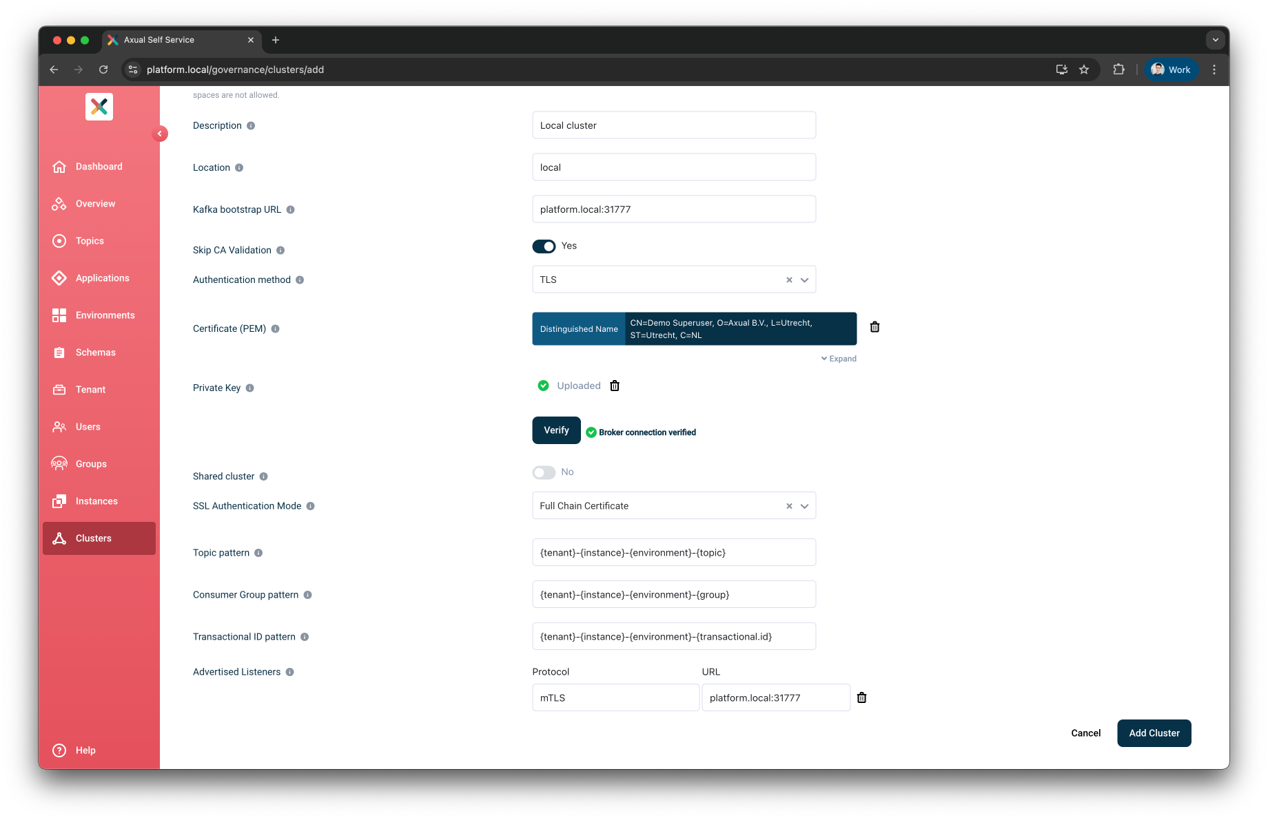 Self-Service Add Cluster Advertised listeners section