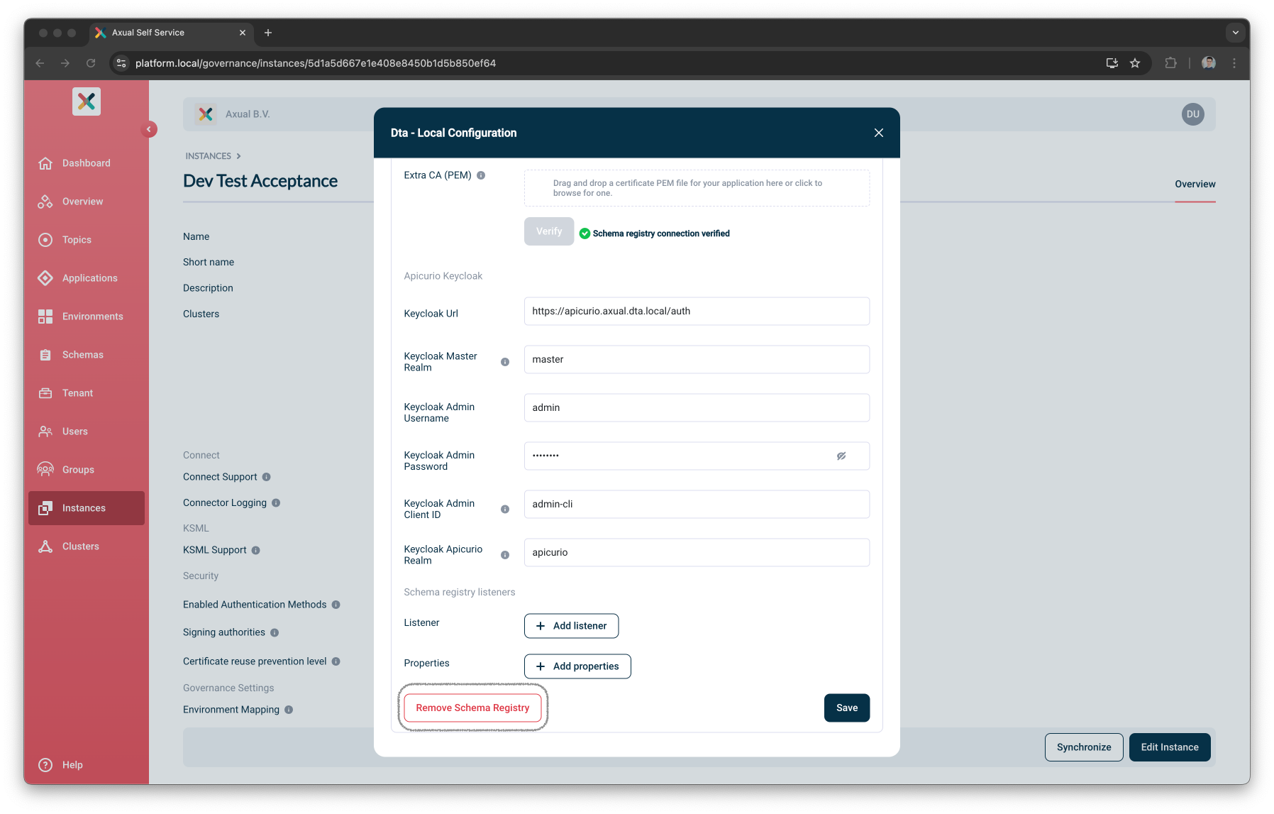 Self-Service Remove Schema Registry Details page