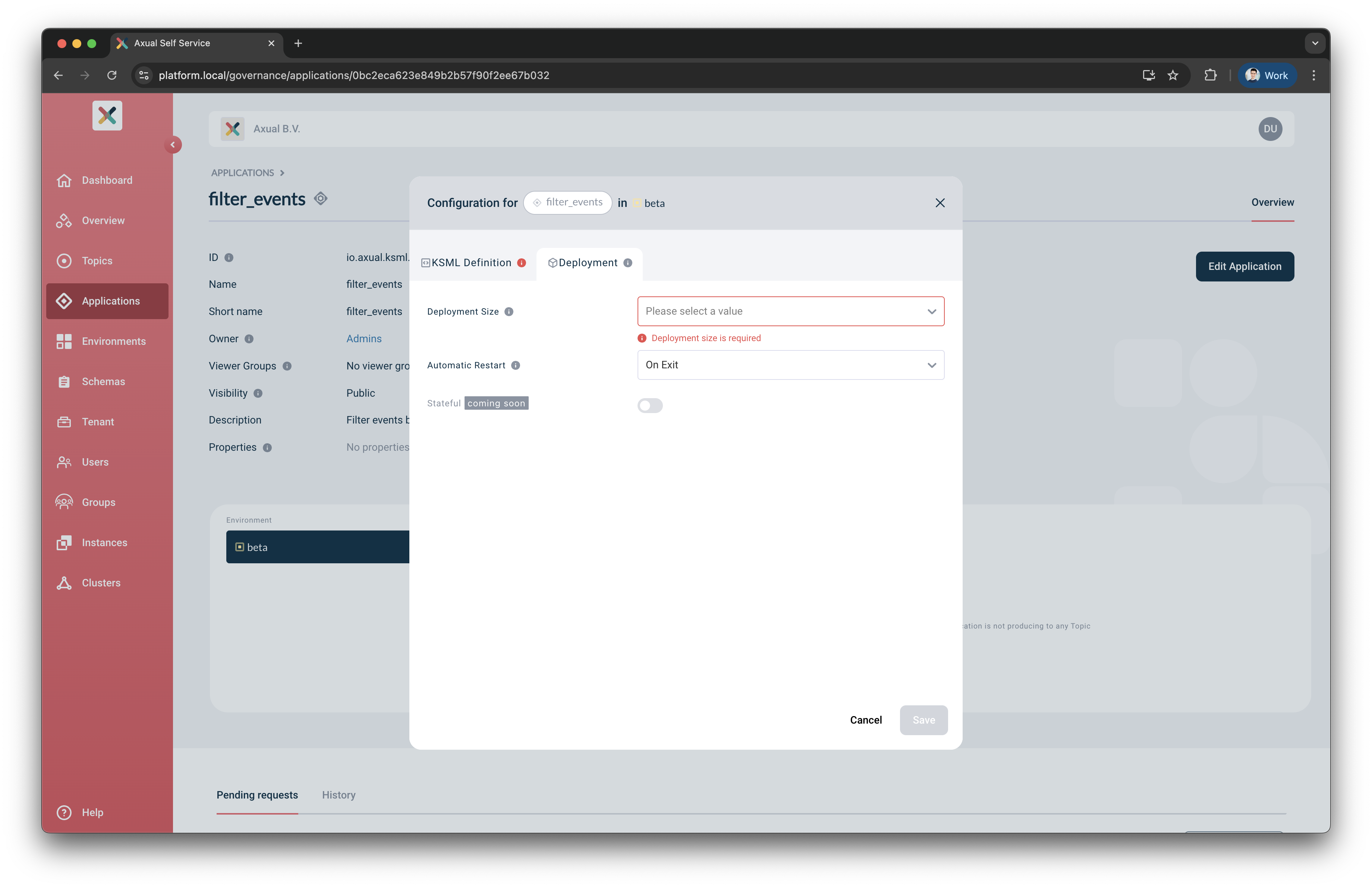 Axual "Self-Service" UI, "Application" page showing the KSML-definition and Deployment tabs of an unconfigured ksml-application