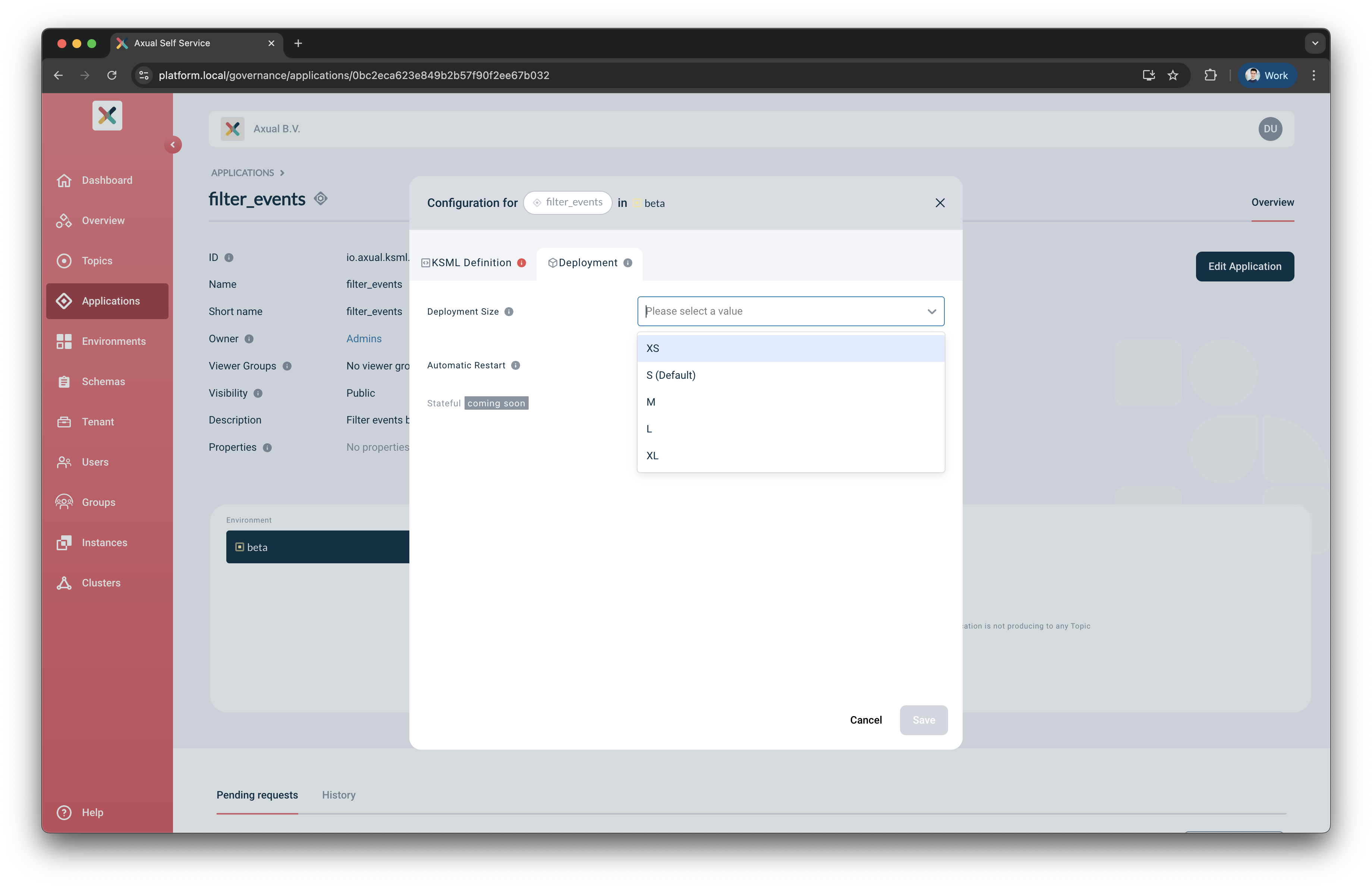 Axual "Self-Service" UI, "Application" page showing the Deployment Size with the default value in the "Deployment" tab