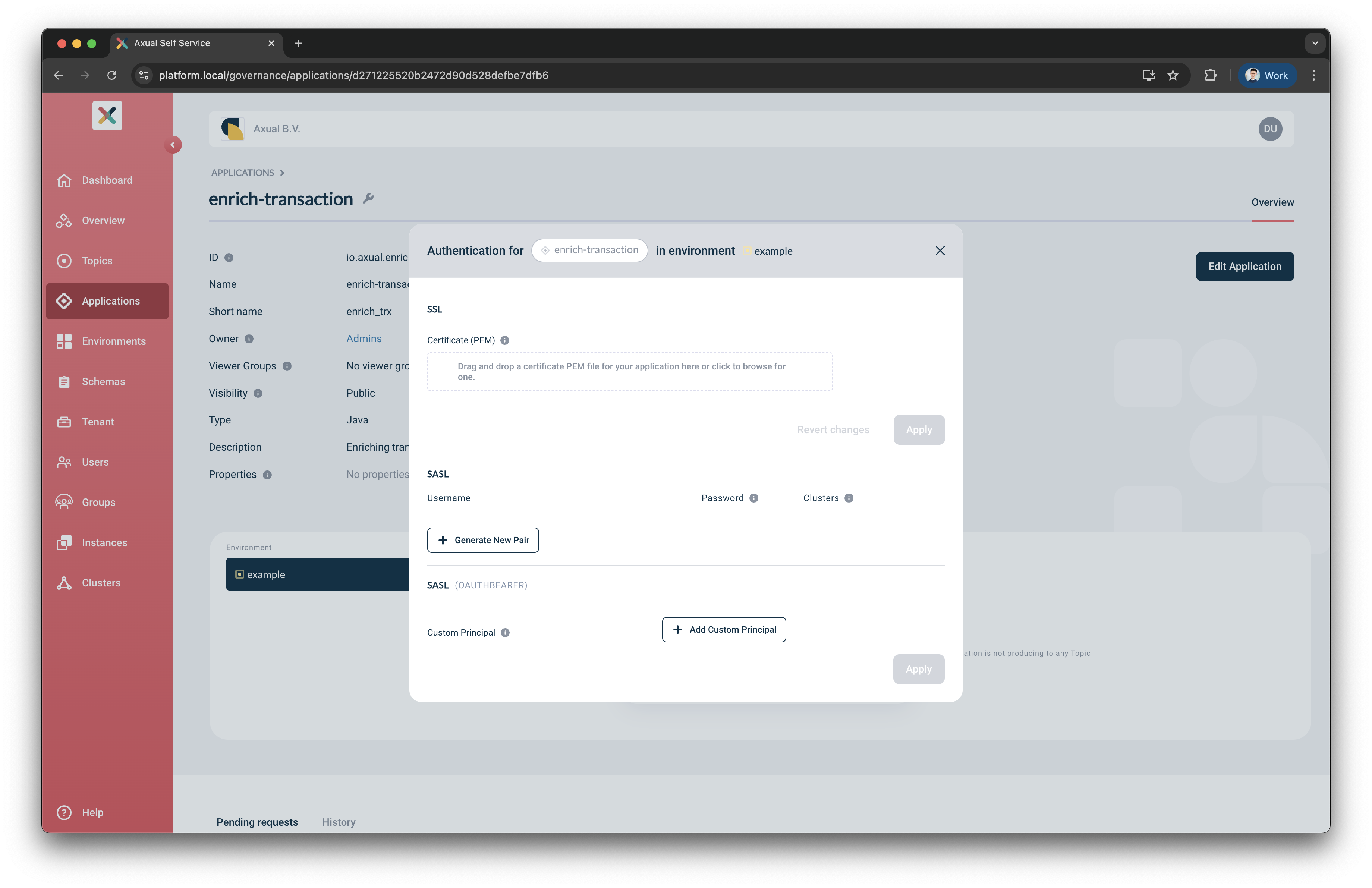 Configure application Credentials modal