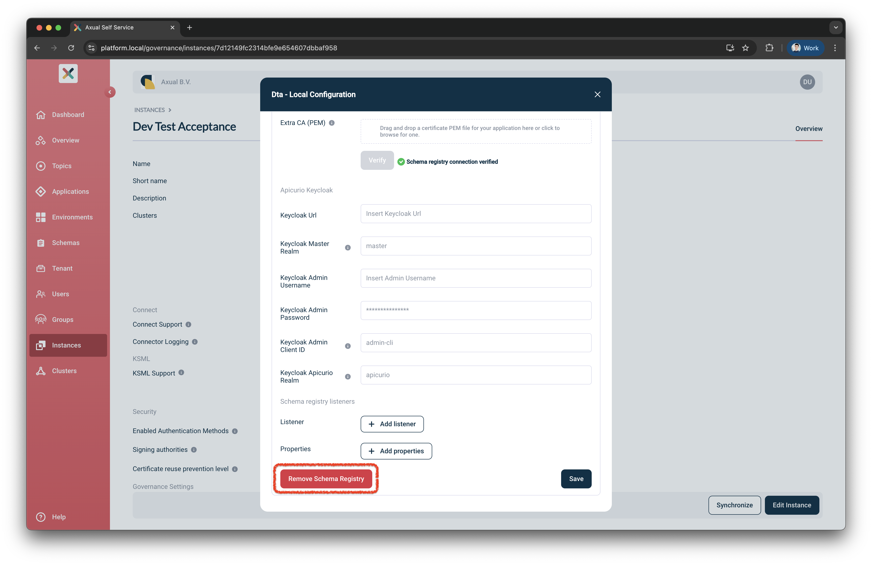 Self-Service Remove Schema Registry Details page