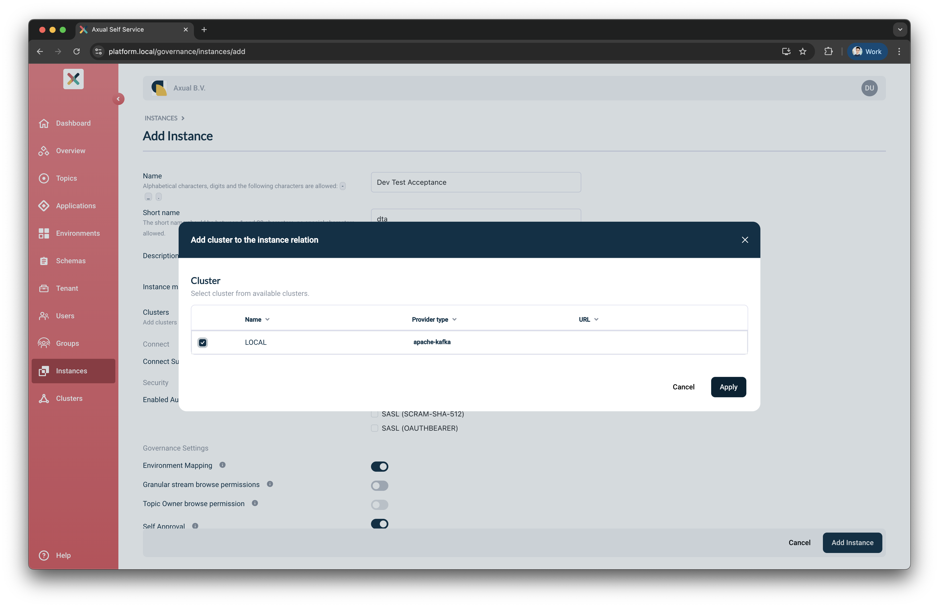 Self-Service Select Cluster page