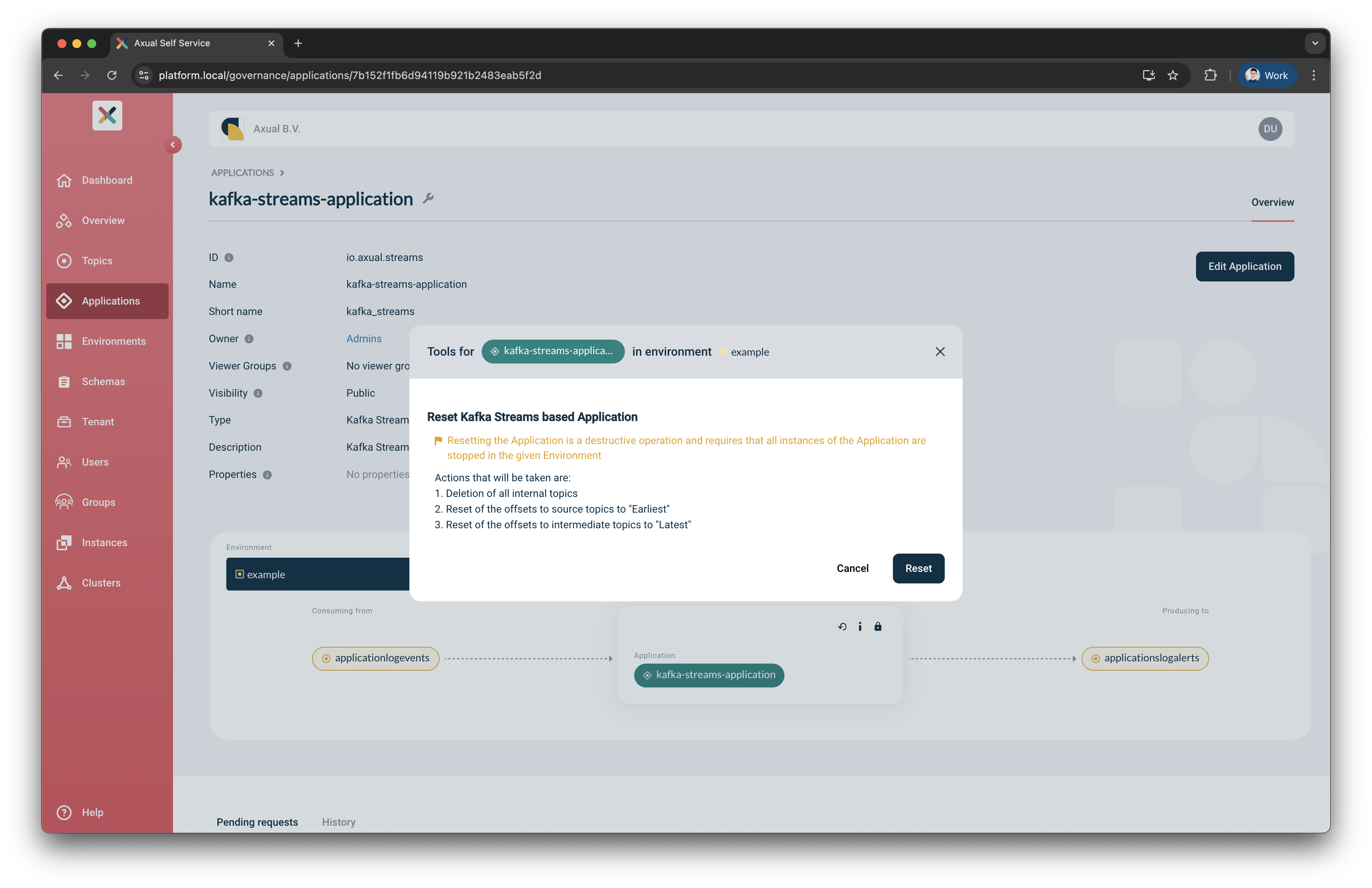 Reset Kafka Streams based modal