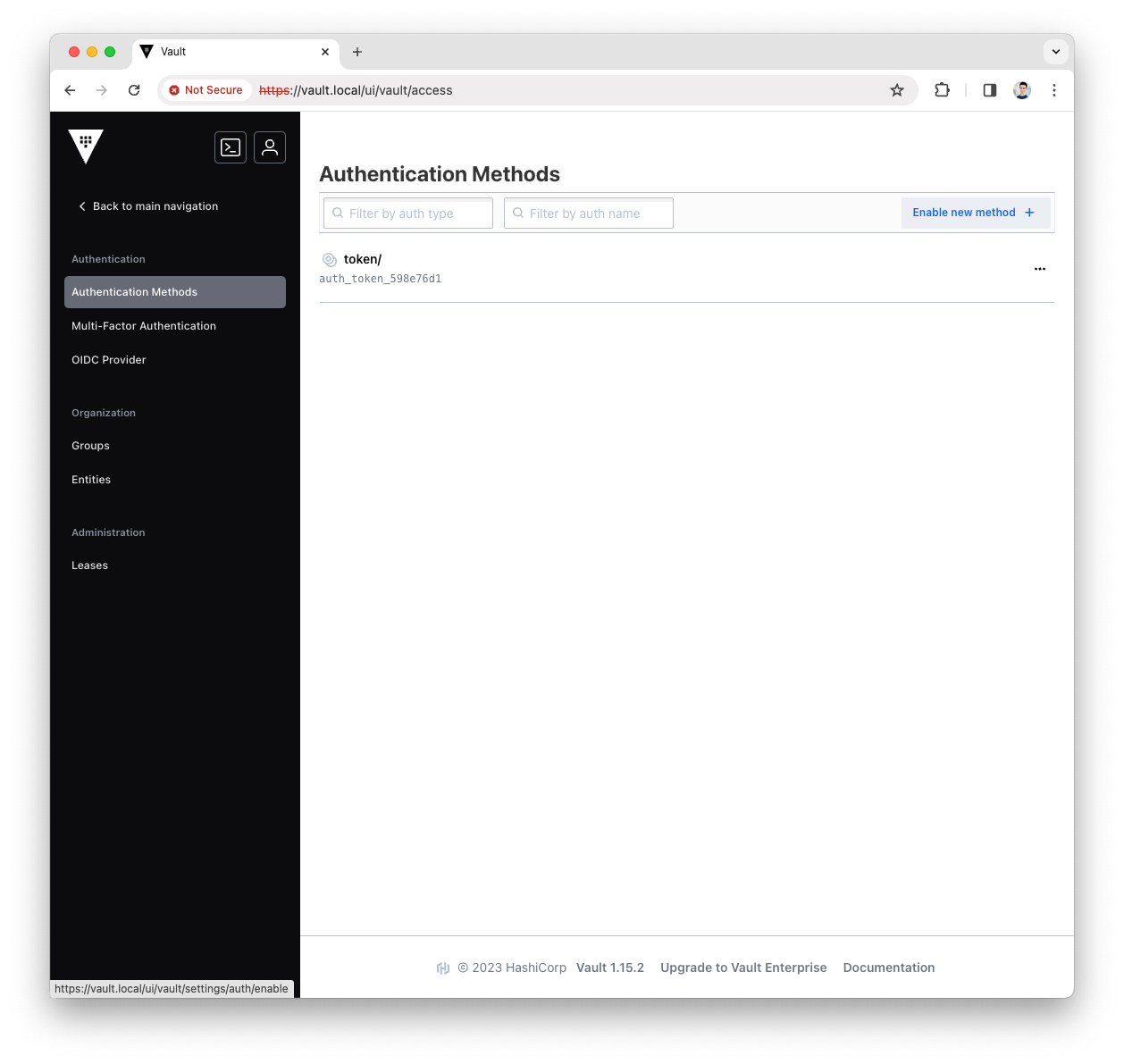 Enable auth method button