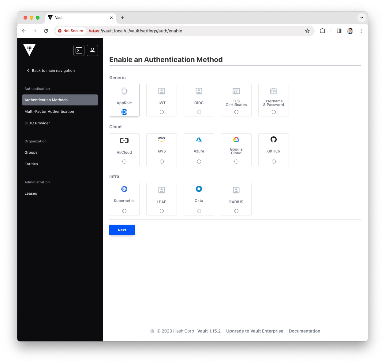Select Authentication Method type