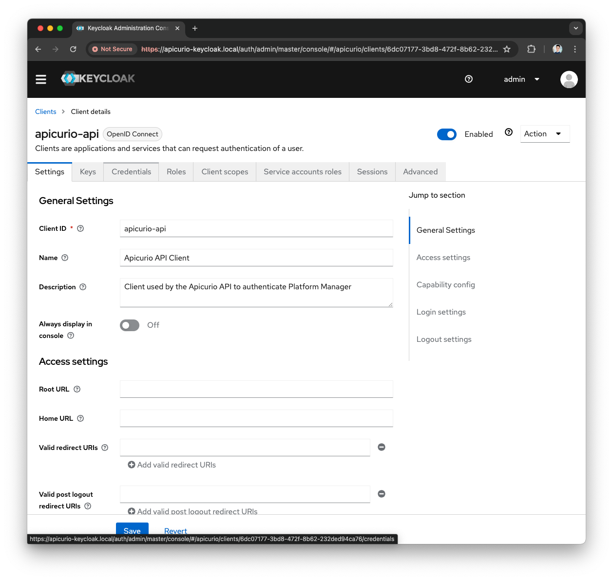 Keycloak Apicurio-API Client Credentials tab