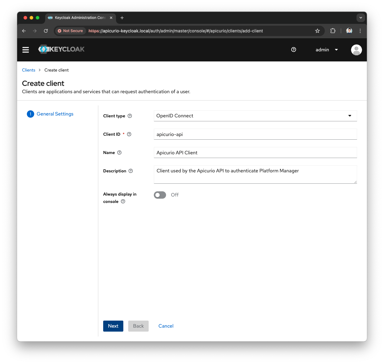 Keycloak Create Apicurio-API Client general config