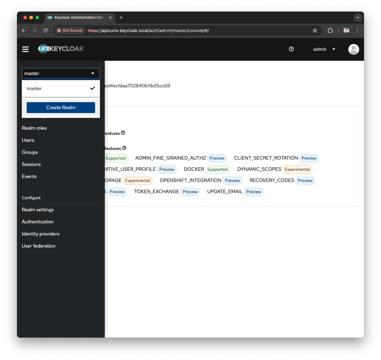 Keycloak Create Realm menu