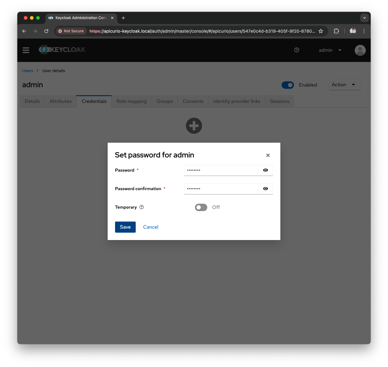 Keycloak Set password for admin screen