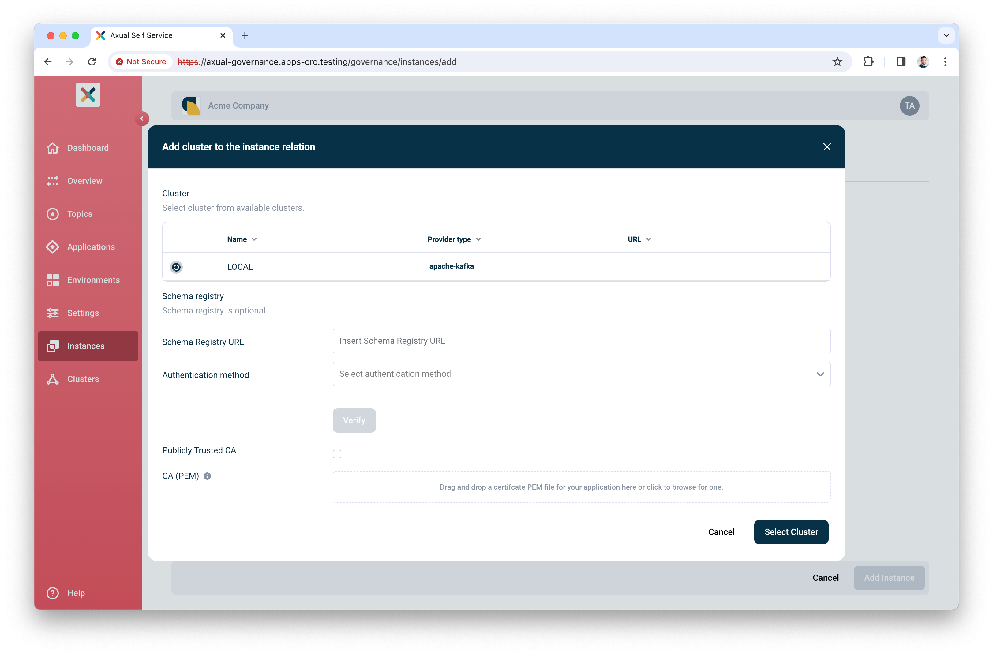 Axual Governance - adding a cluster to an instance (OpenShift)