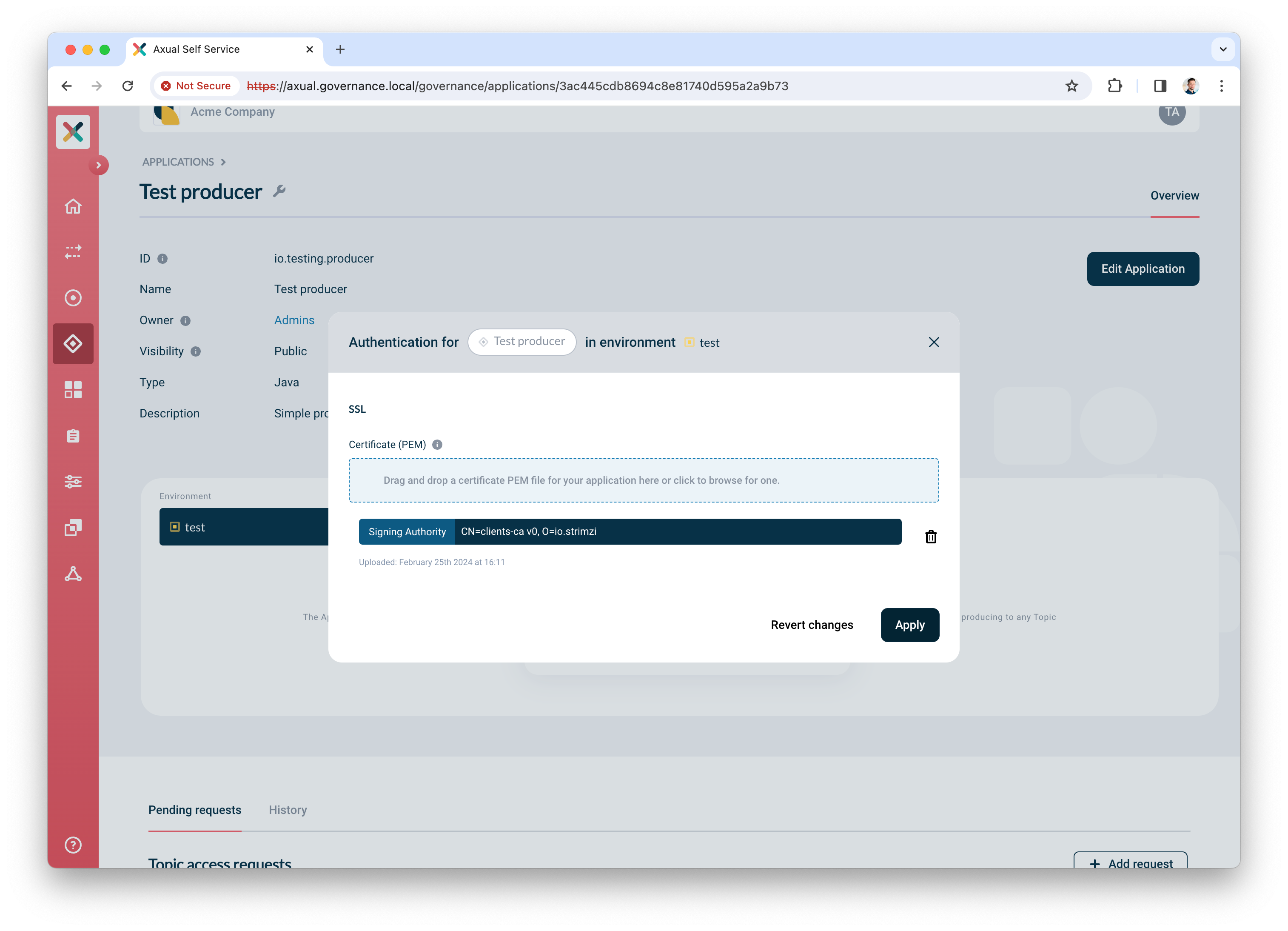Self-Service Configure Authentication - upload certificate