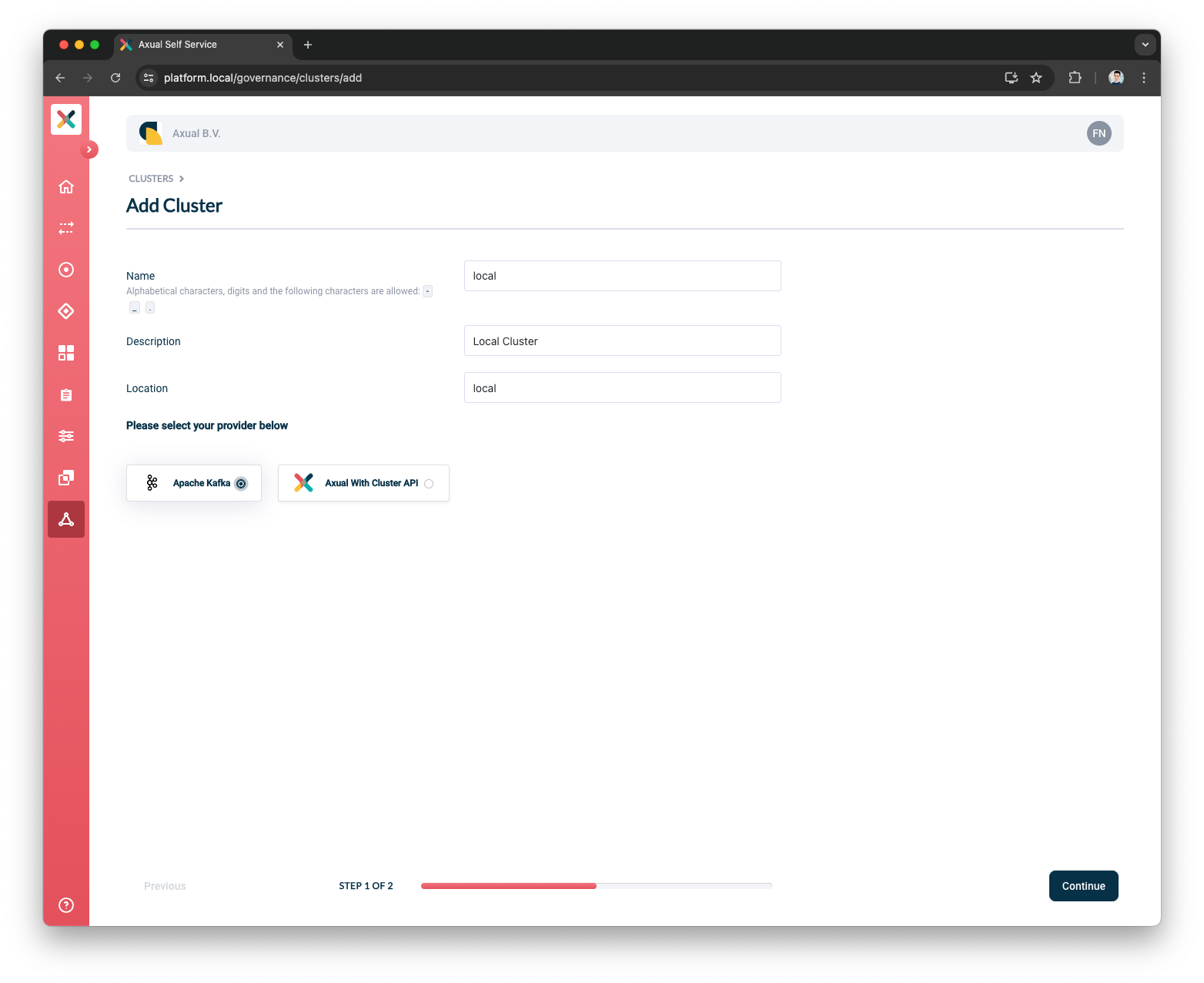 Self-Service Add Cluster Details page