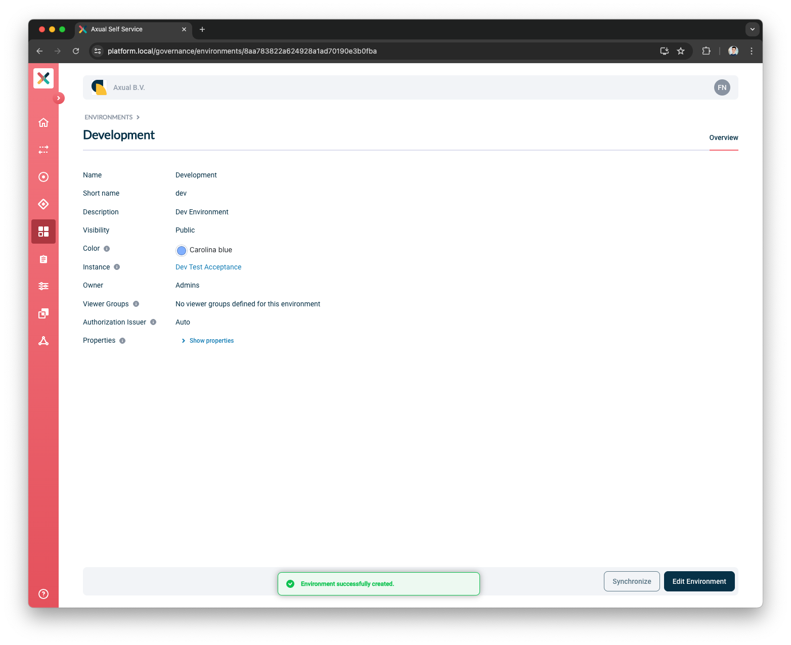 Self-Service Environment Created page