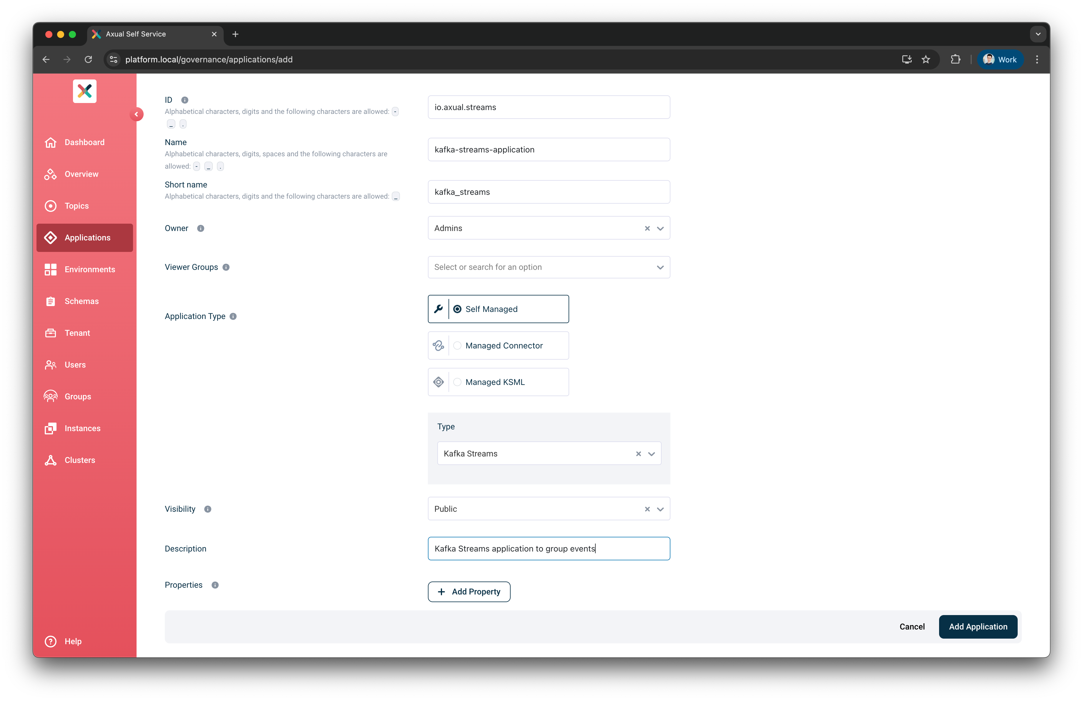 Self-Service Add Kafka Streams Application