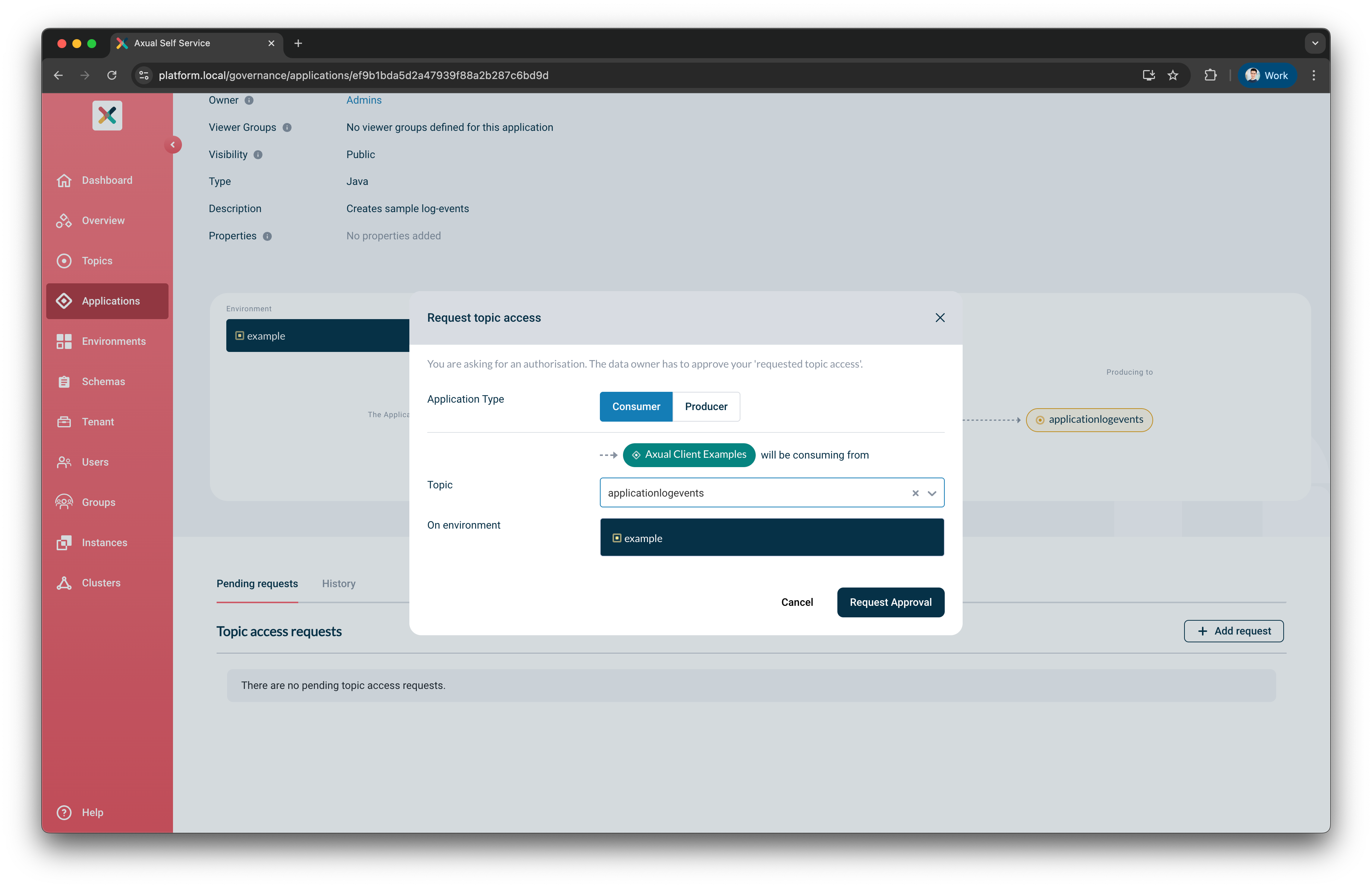 Our configured stream request modal for consumer