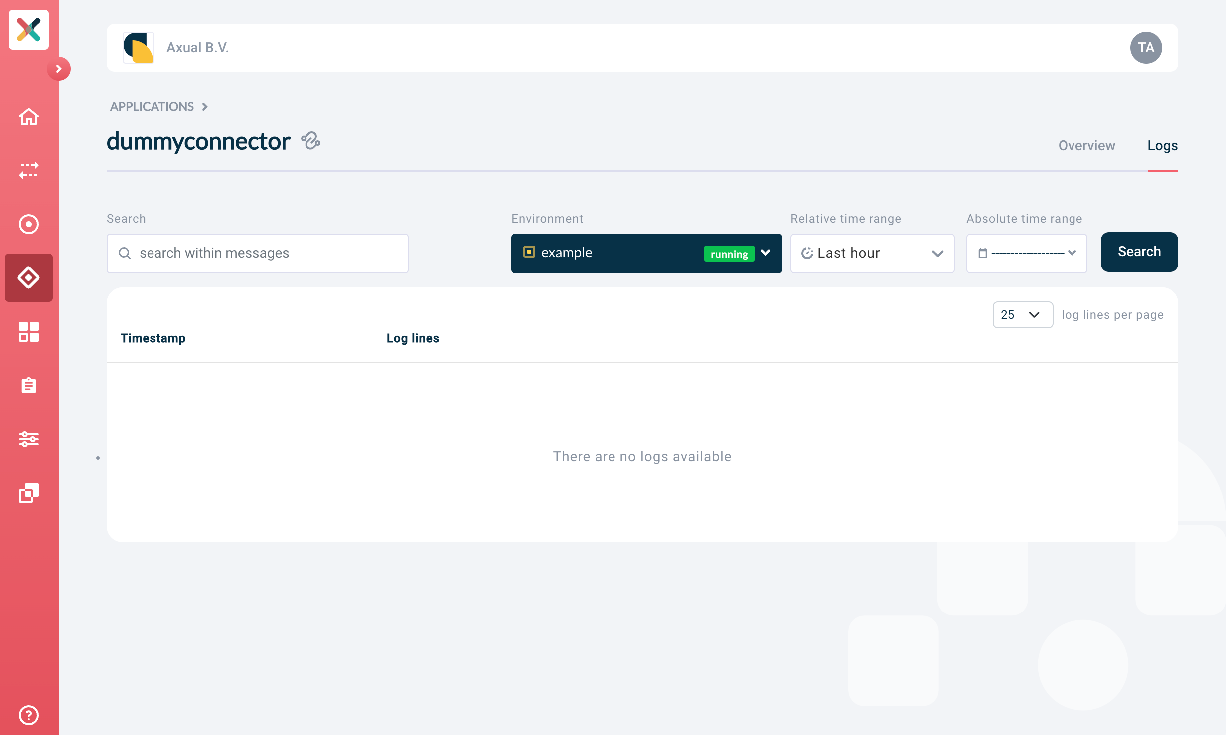 Axual "Self-Service" UI, section of the "Application" page, showing the connector logs tab