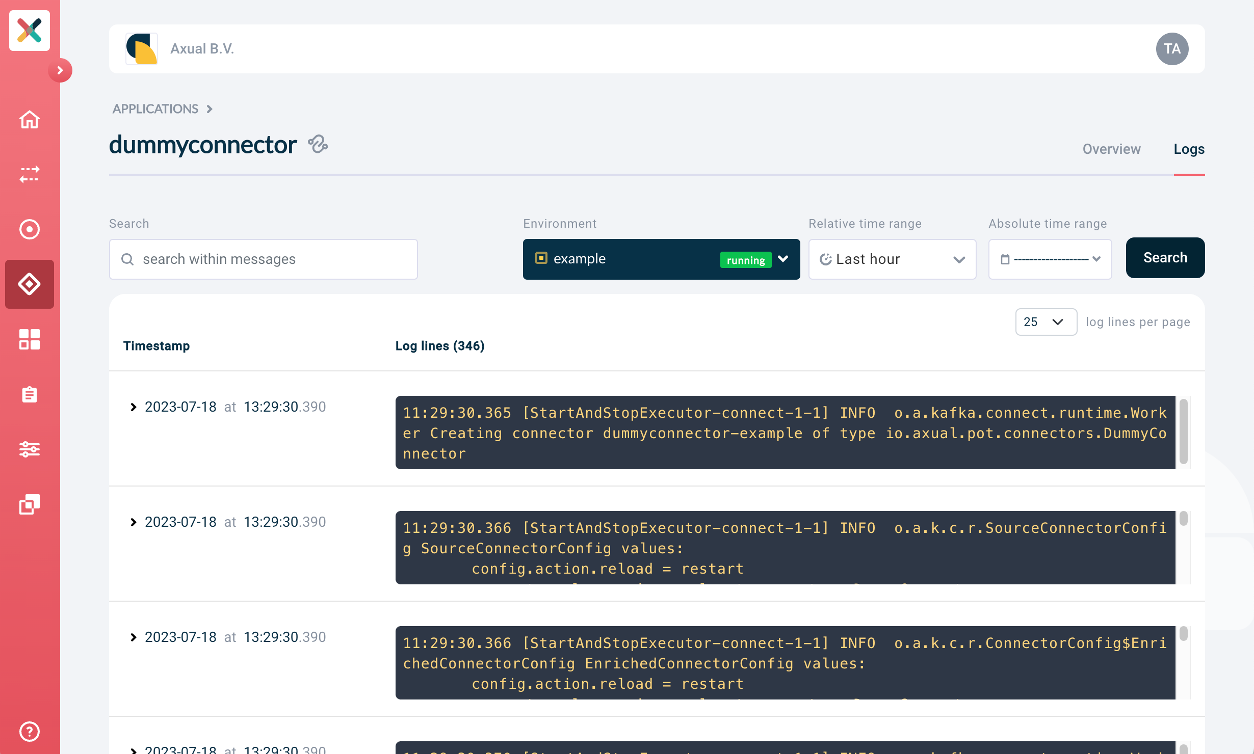 Axual "Self-Service" UI, section of the "Application" page, showing the connector logs tab after log messages have been returned