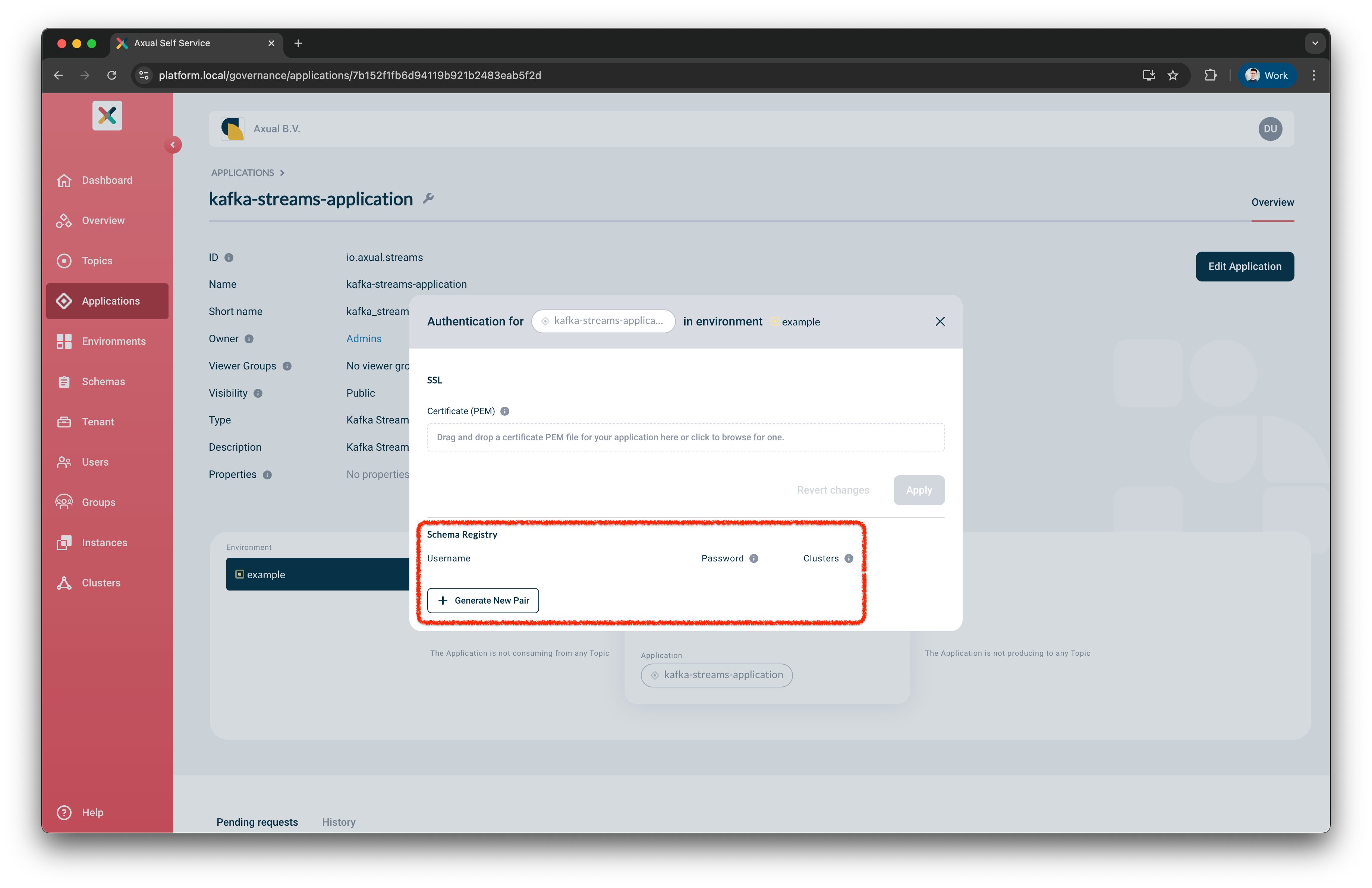 Create application schema-registry credentials model