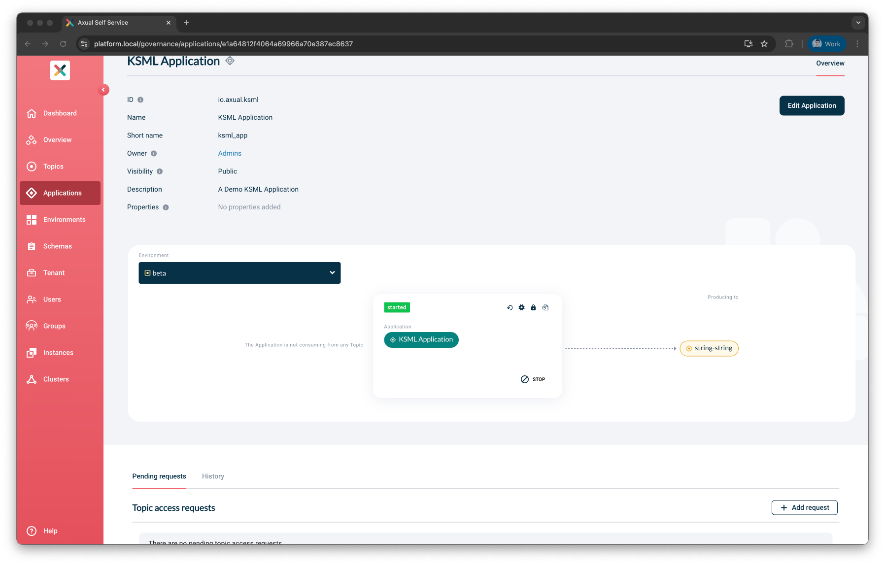 Axual "Self-Service" UI, "Application" page showing the KSML configuration status box of a configured application, in "running" state