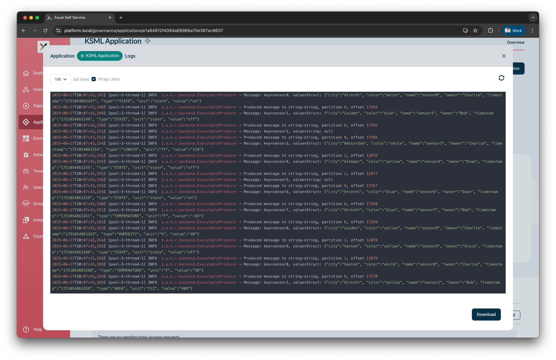 Axual "Self-Service" UI, "Application" page showing the connector logs tab