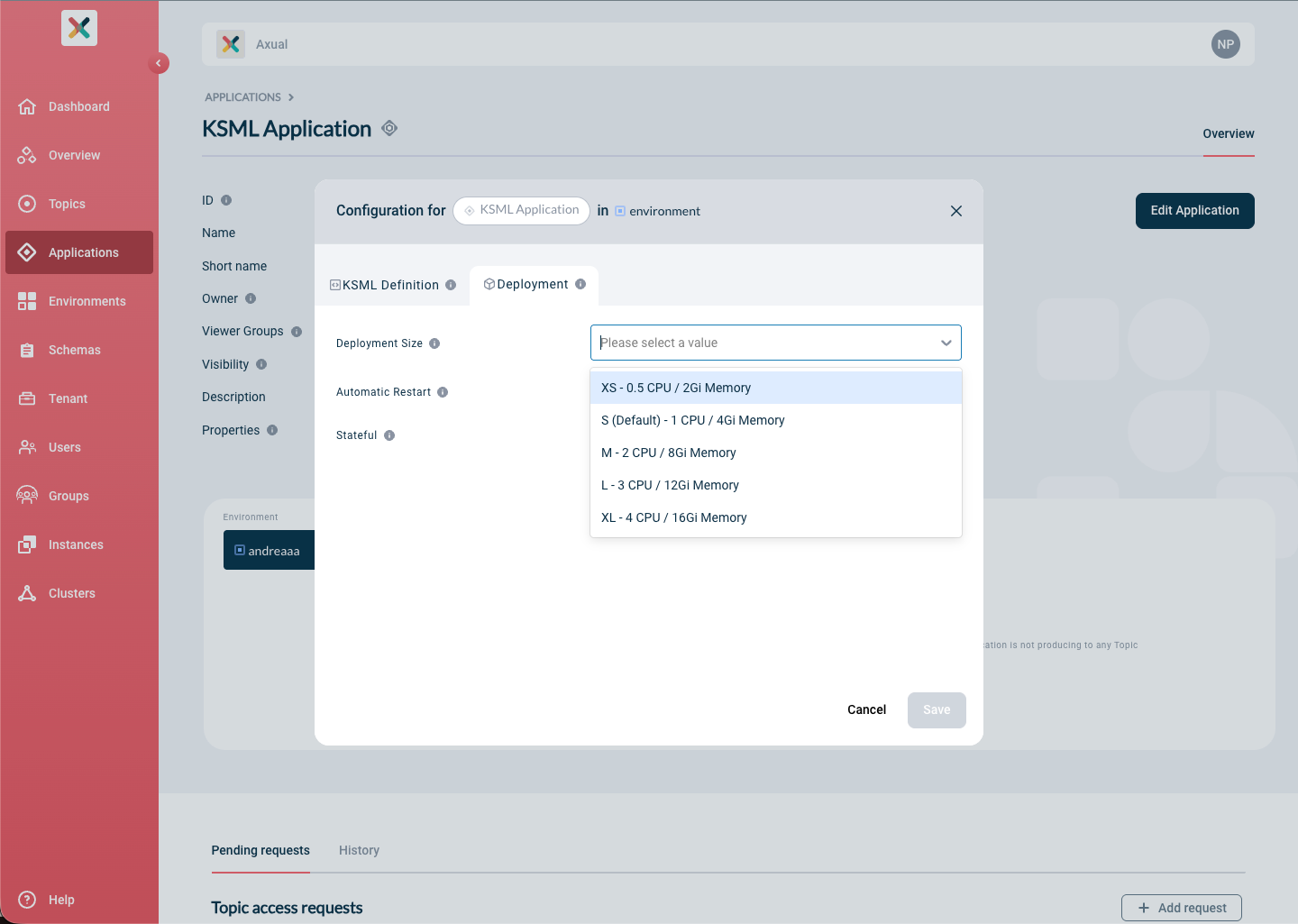 Axual "Self-Service" UI, "Application" page showing the Deployment Size with the default value in the "Deployment" tab