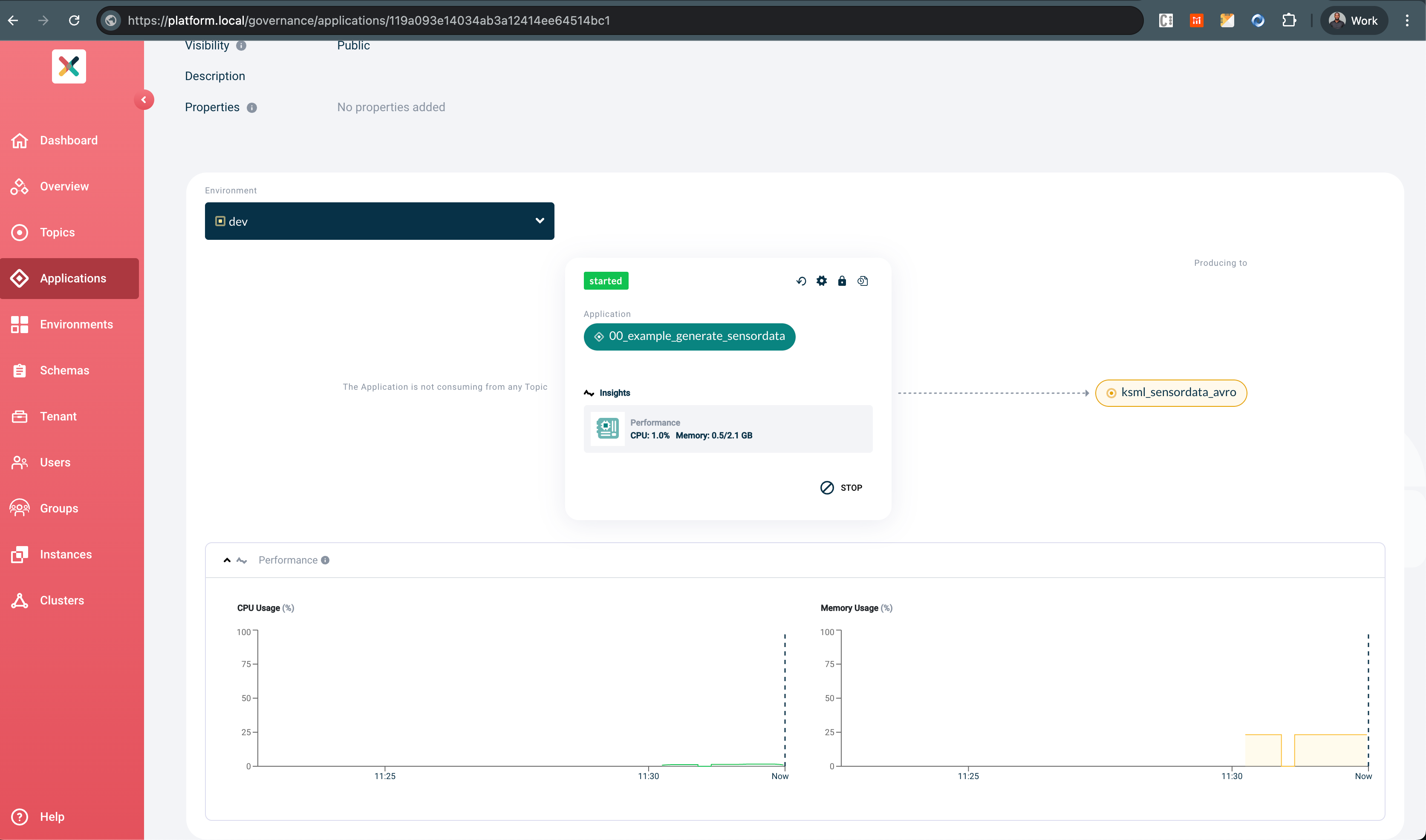 Axual "Self-Service" UI, "KSML Application" page showing the Metrics section