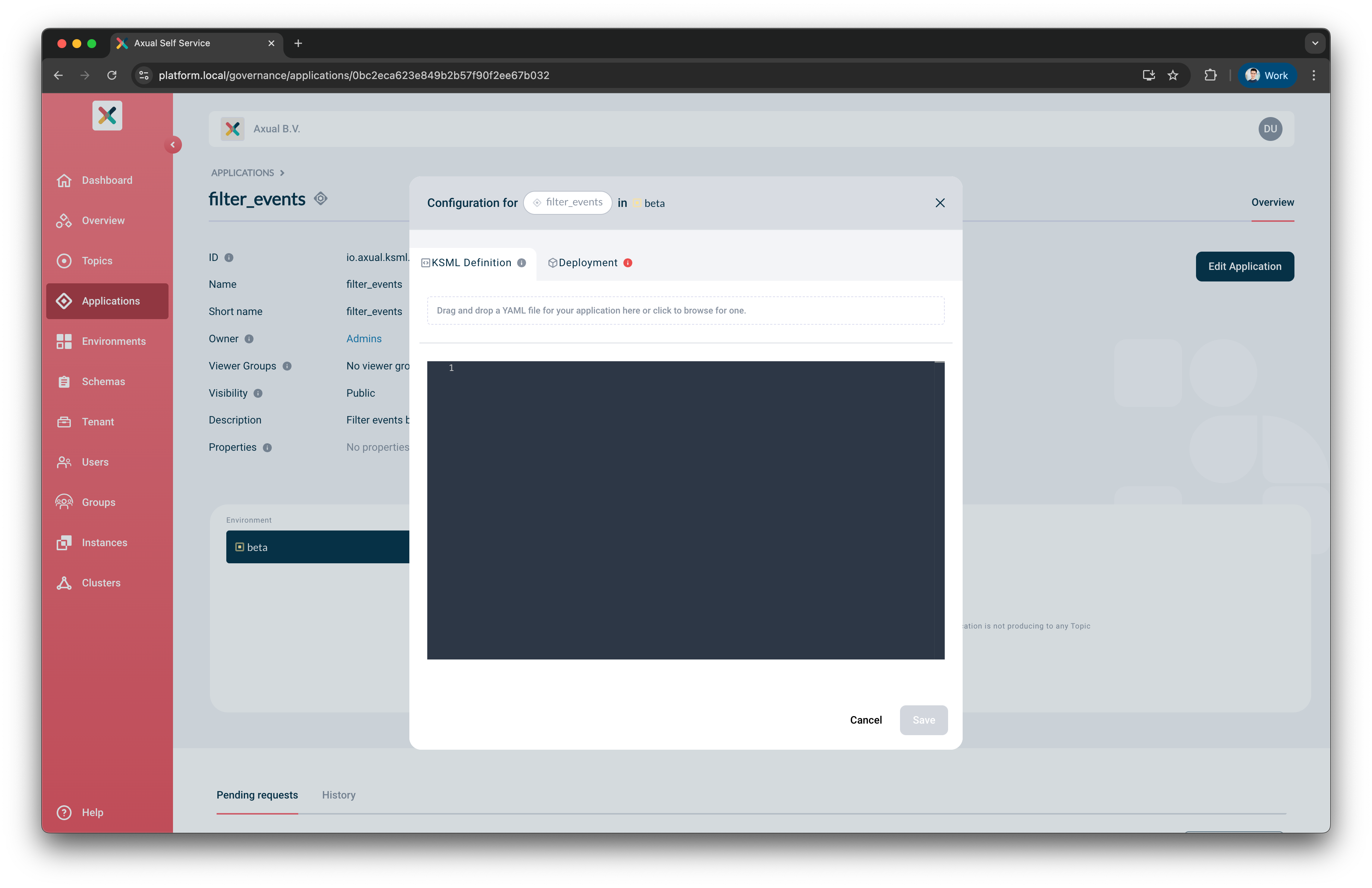 Axual "Self-Service" UI, "Application" page showing the KSML-definition and Deployment tabs of an unconfigured ksml-application