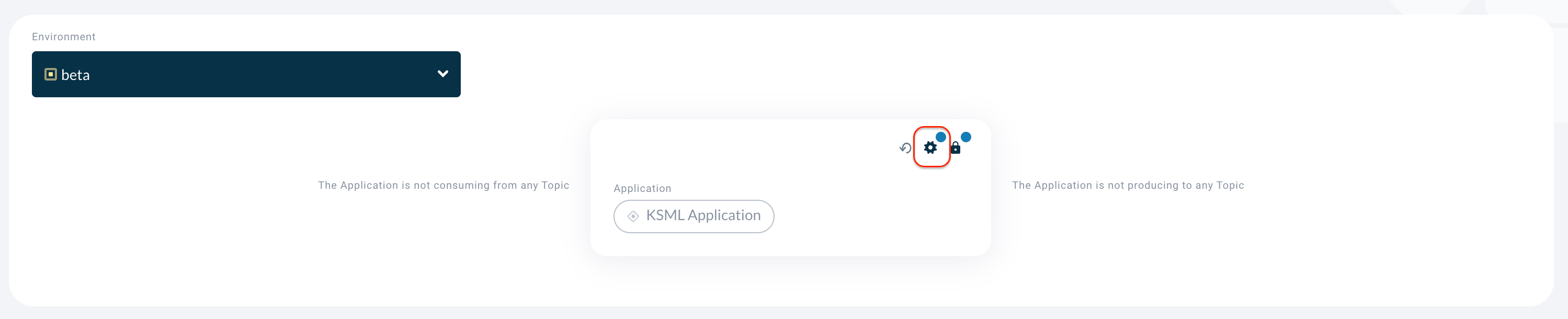 Axual "Self-Service" UI, section of the "Application" page, showing the security and configuration modal of an unconfigured KSML Application, with the blue circle indicators on both configuration buttons