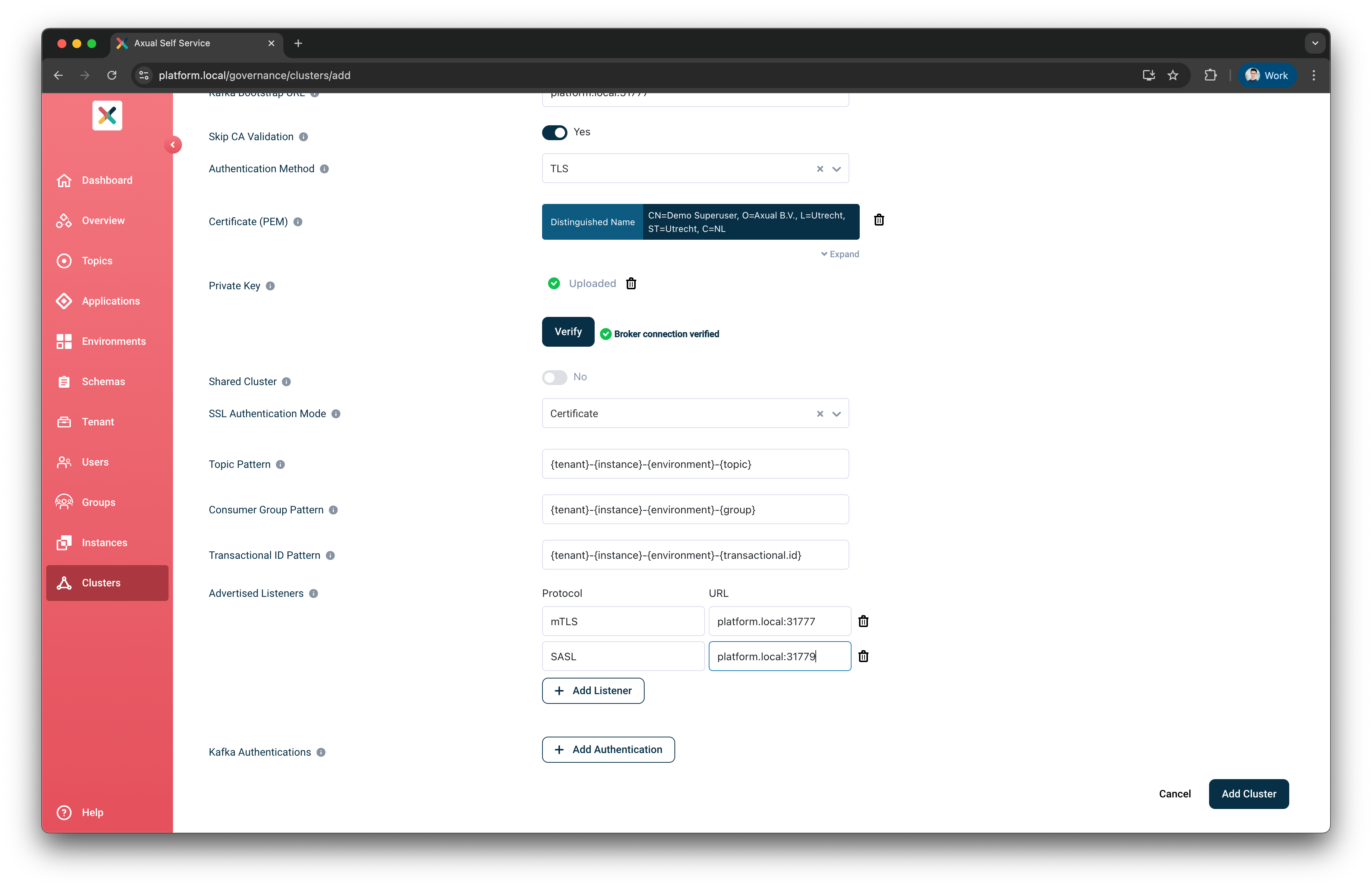 Self-Service Add Cluster Advertised listeners section