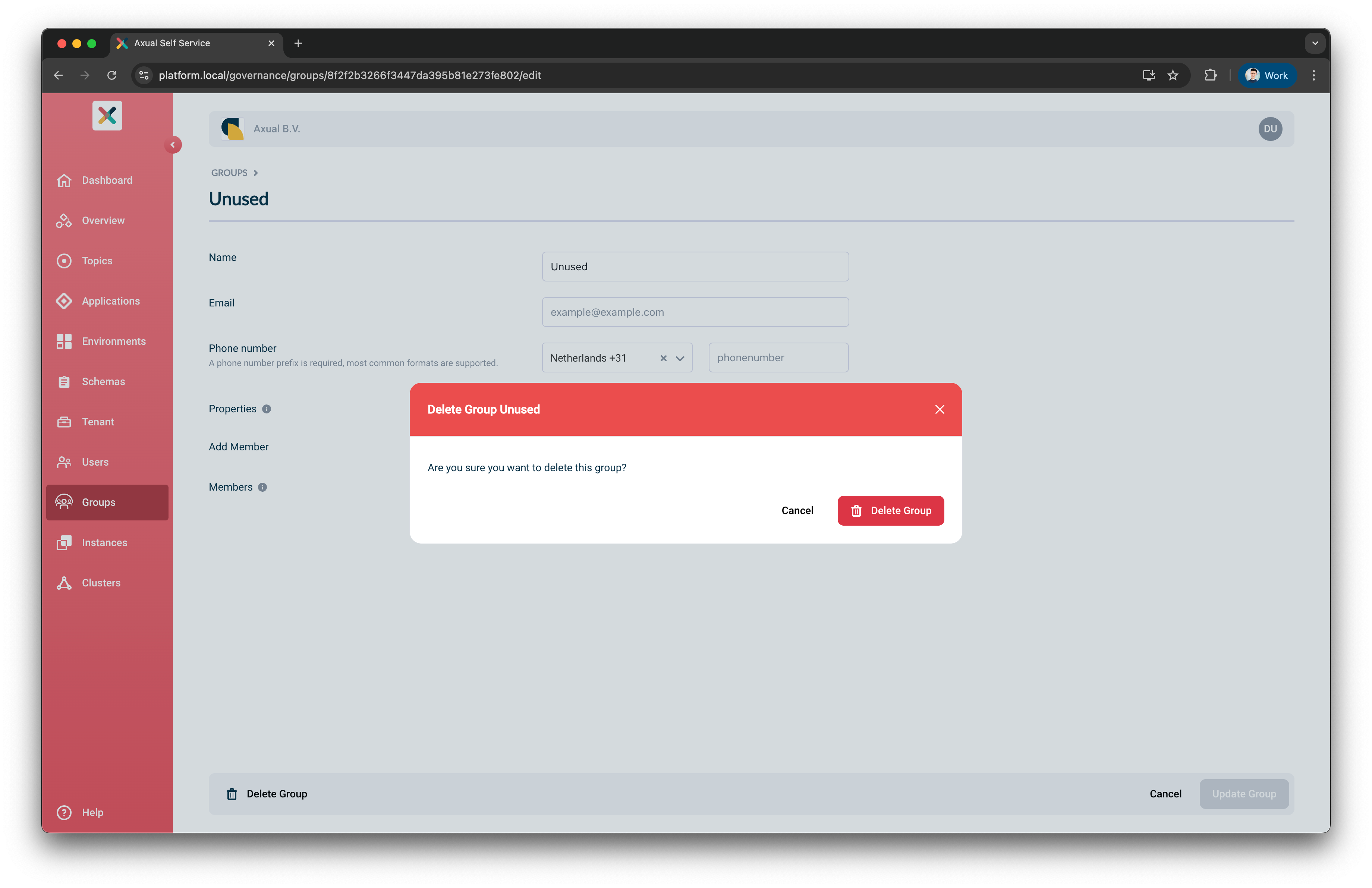 Delete group confirmation