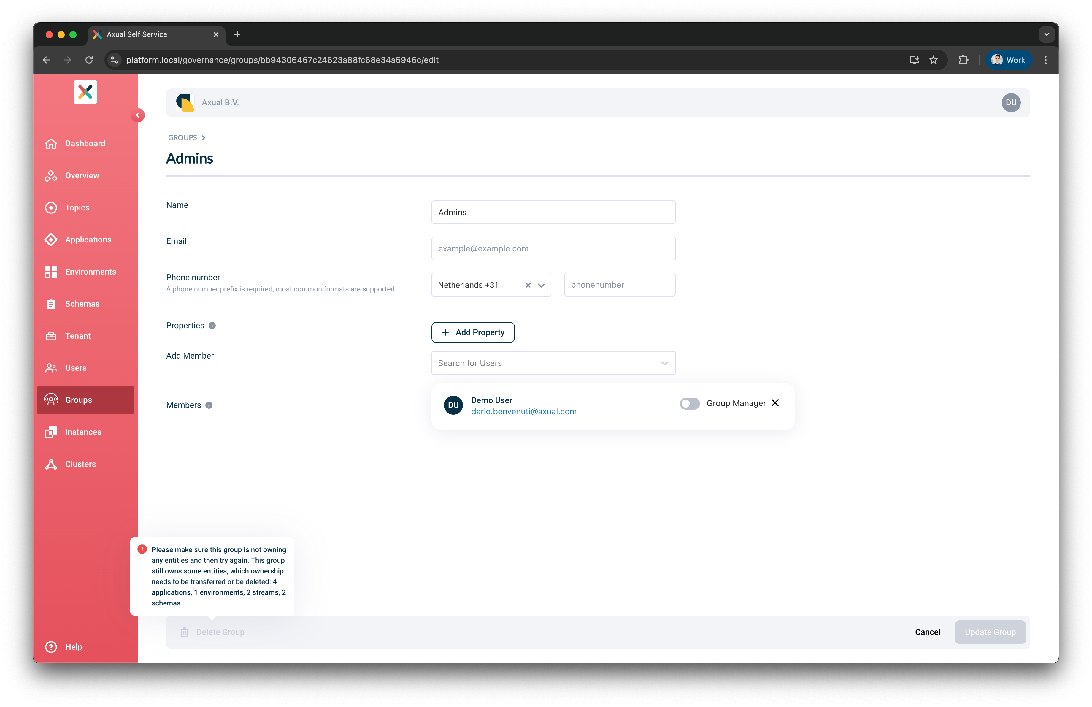 Inform delete group modal