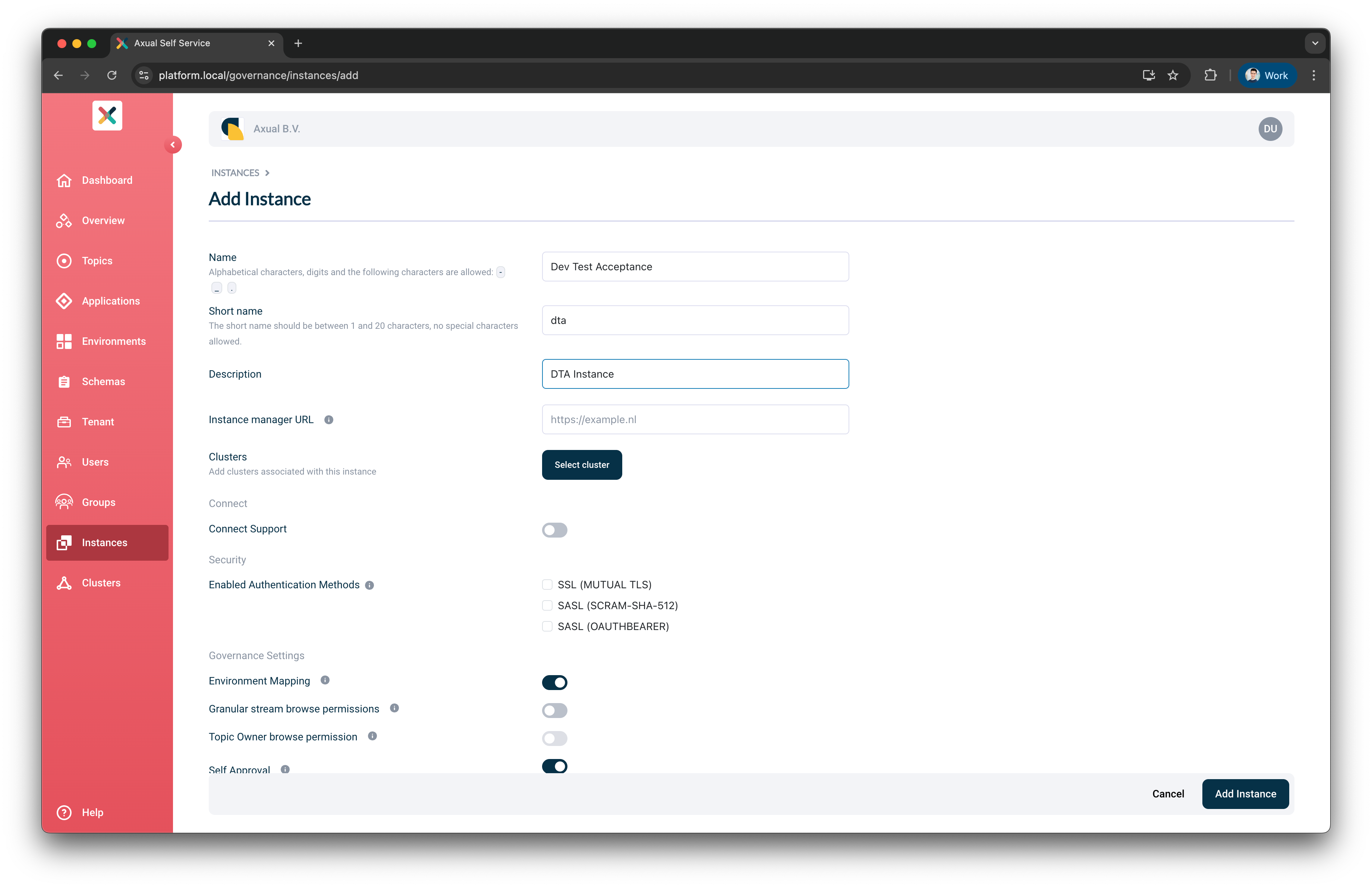 Self-Service Add Instance Details page
