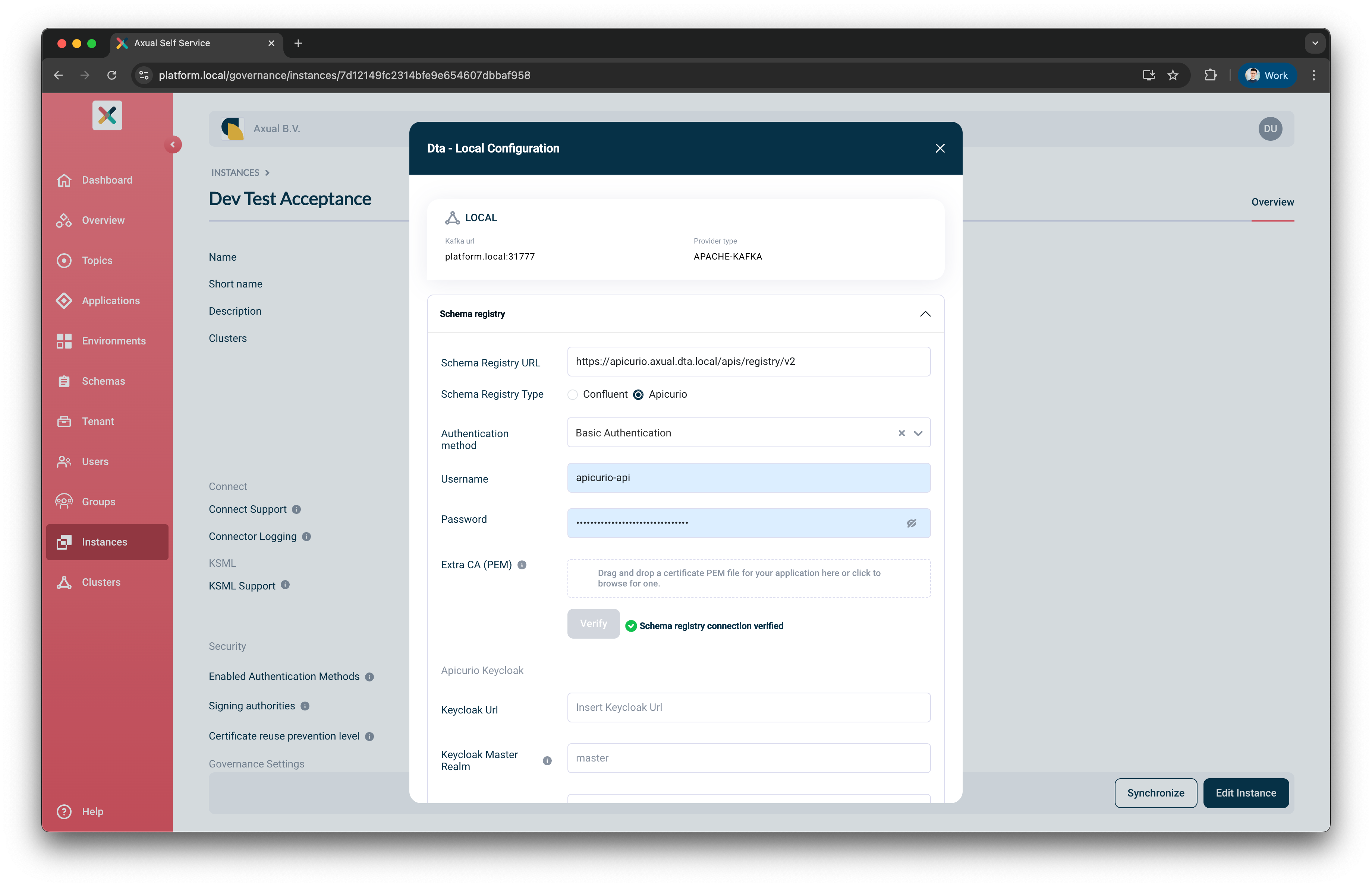 Self-Service Add Apicurio Schema Registry Details page