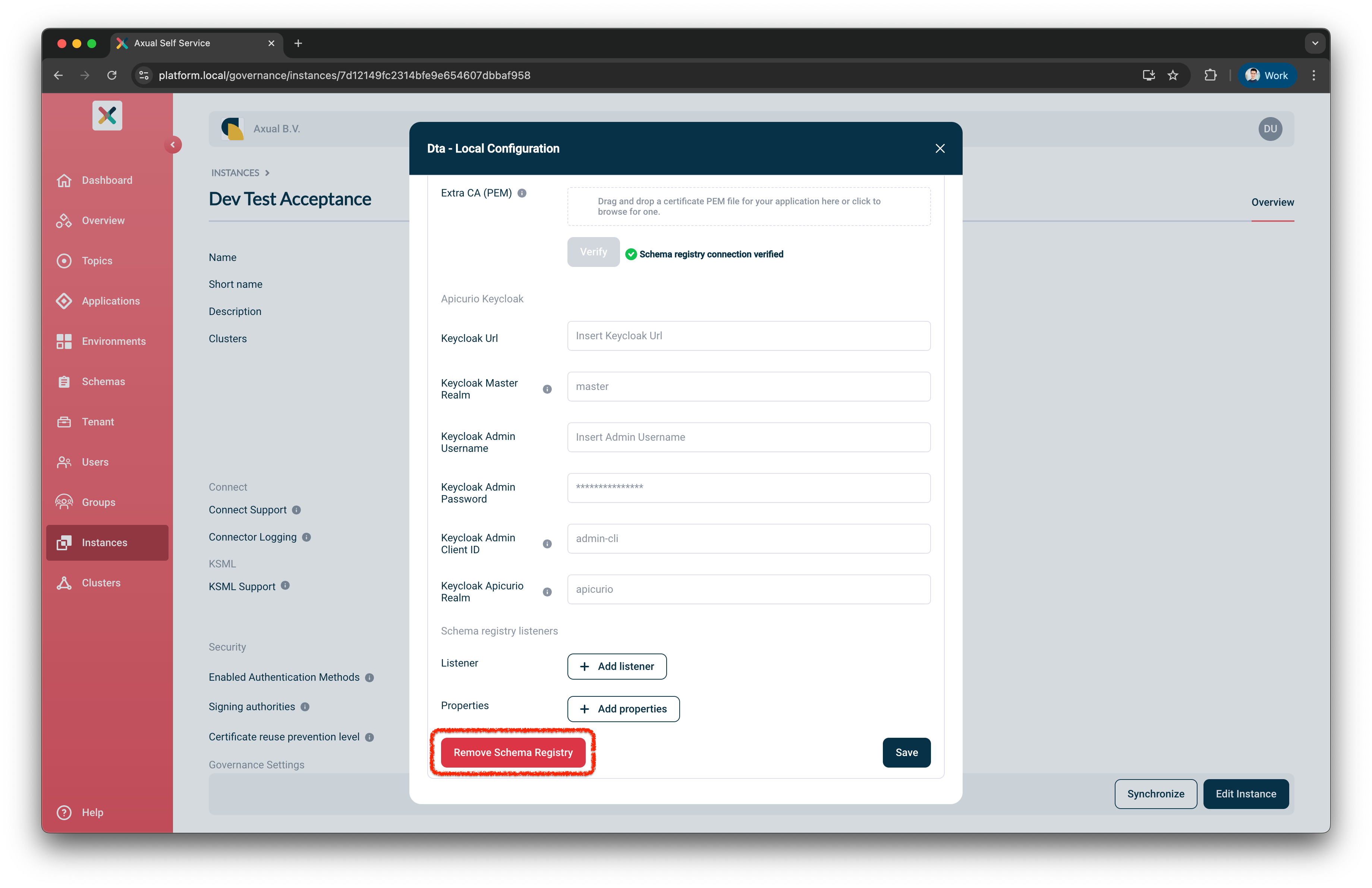 Self-Service Remove Schema Registry Details page